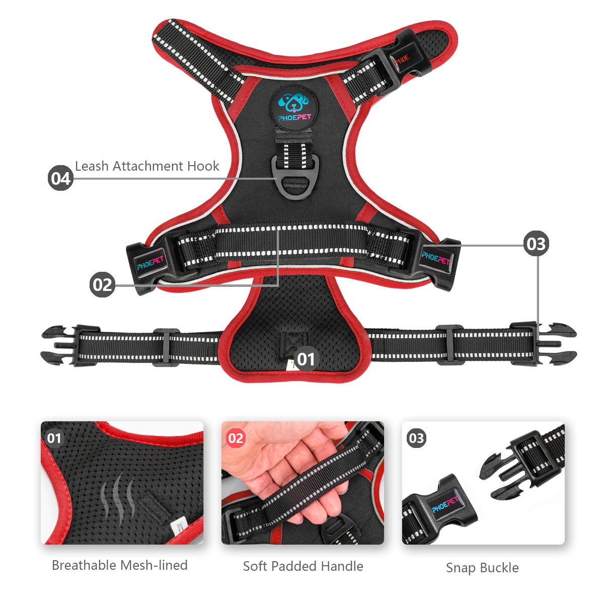 Phoepet 2019 Upgraded No Pull Dog Harness, Reflective Adjustable Vest, With A Training Handle + 2 Metal Leash Hooks+ 3 Snap Buckles +4 Slide Buckles(Xs, Black)