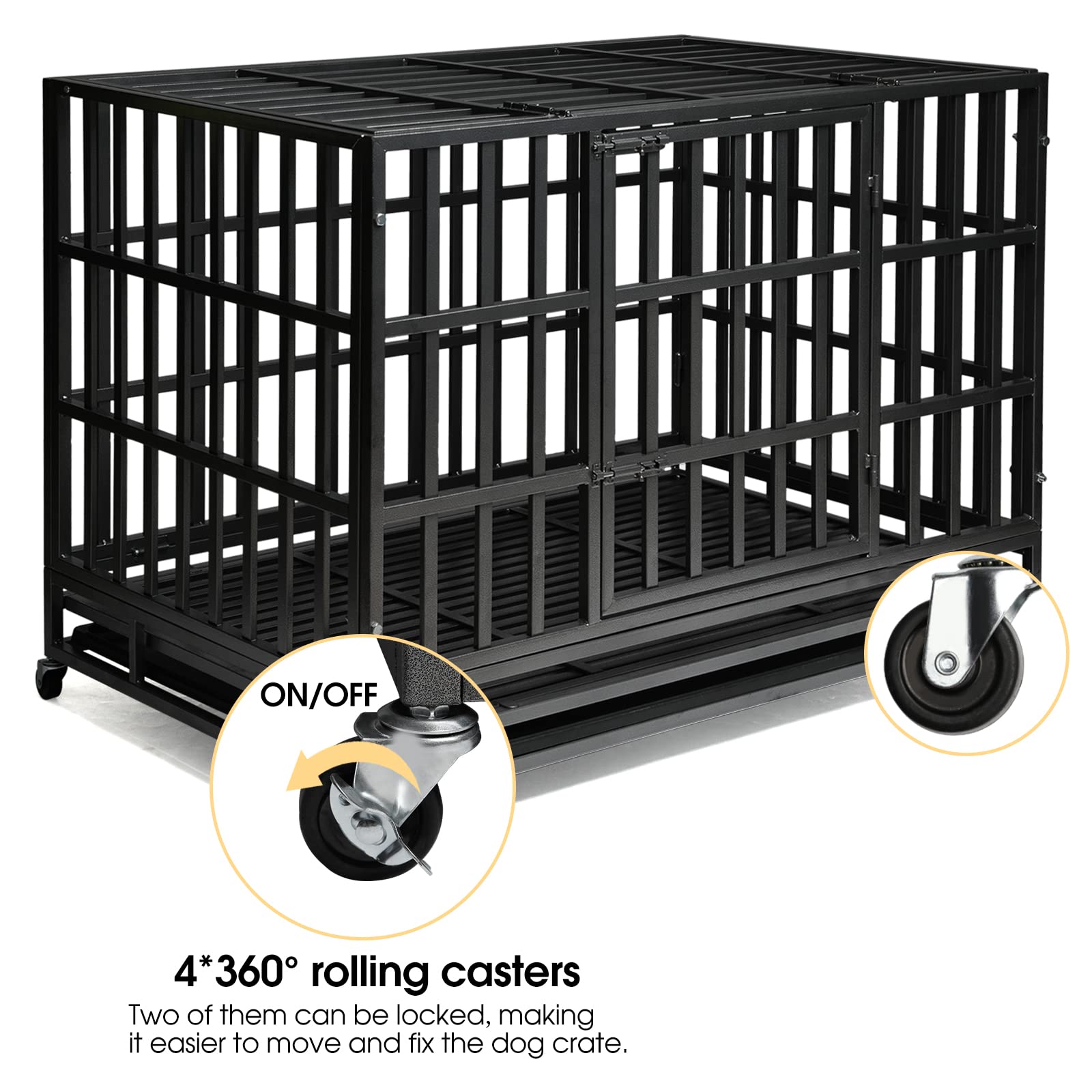 SHUSHIM Heavy Duty Dog Kennel Cage, 48" Alloy Steel, Double Doors, Lockable Wheels for Extra Large Breeds