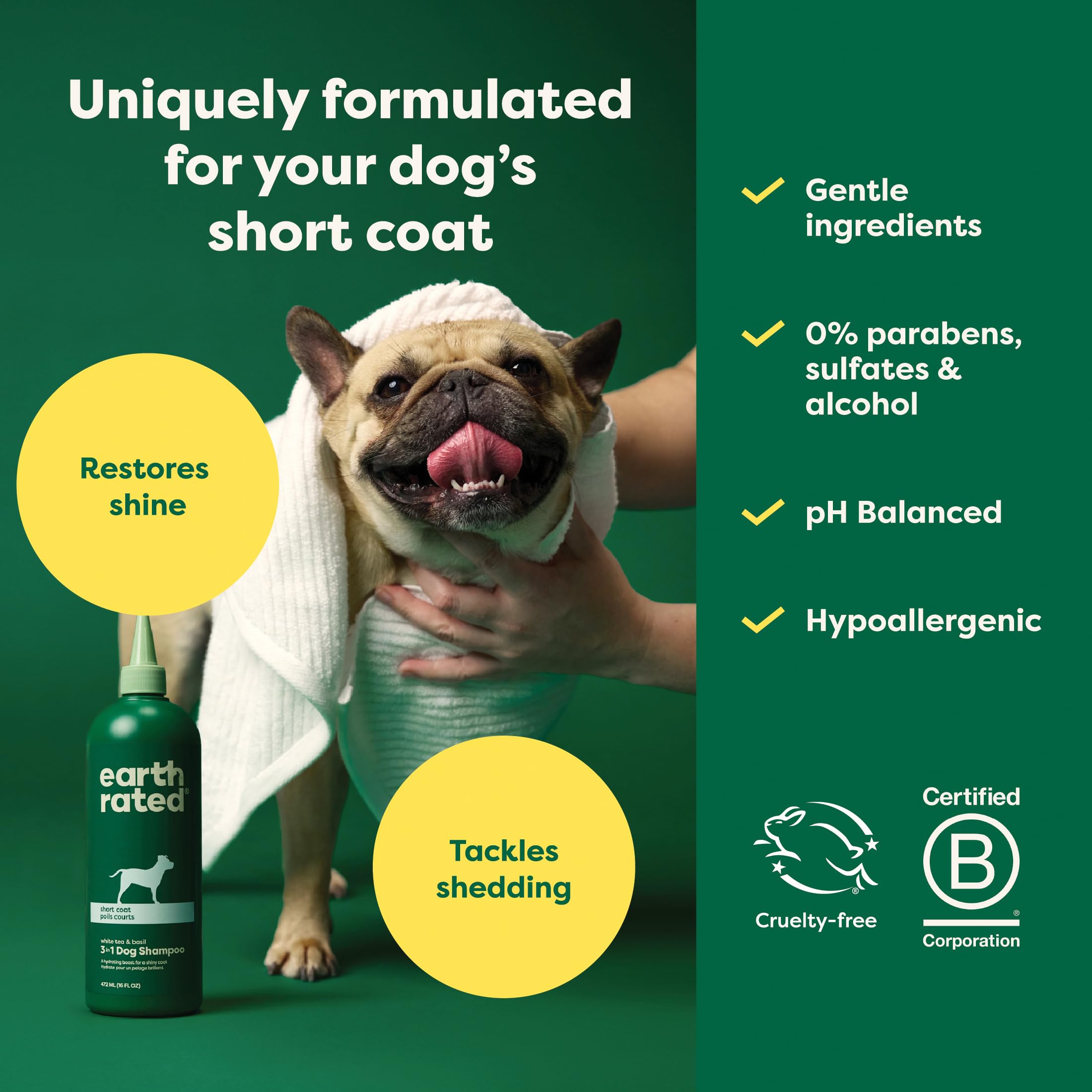 Earth Rated 3-In-1 Dog Shampoo, Conditioner And Deodorizer, For Short-Haired Dogs And Puppies To Moisturize And Tackle Shedding, Refreshing White Tea And Basil Scent, 16 Oz
