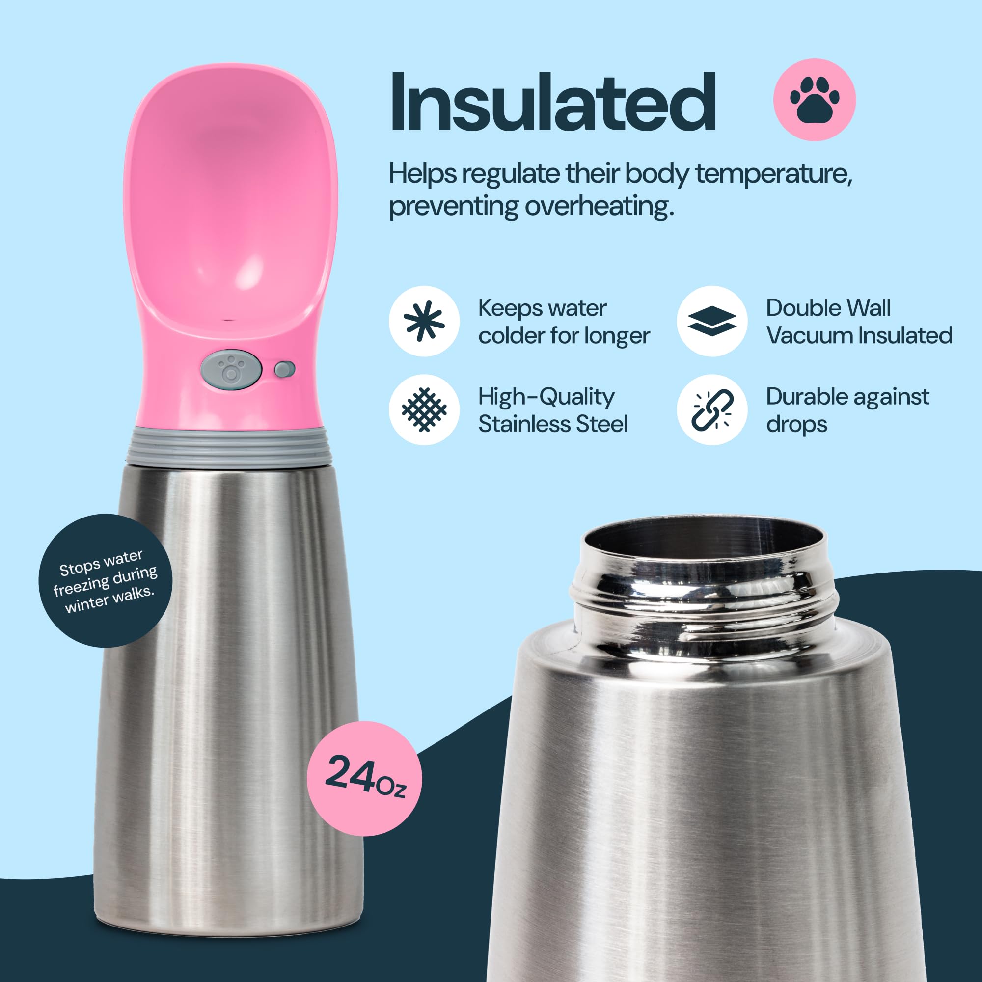 MalsiPree 24oz Stainless Steel Dog Water Bottle - Leak-Proof, Portable with Pink Bowl for Puppy & Dog Travel