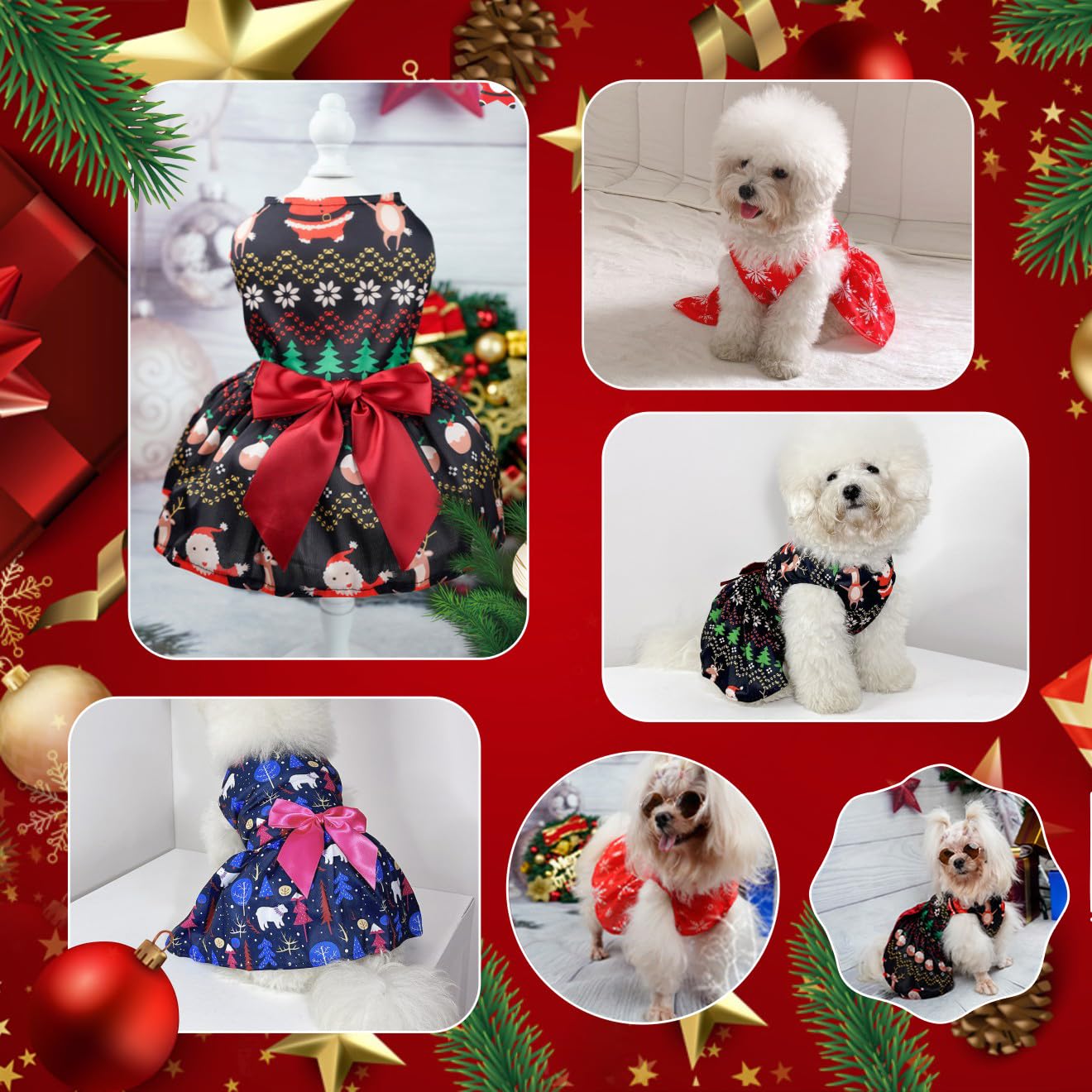 Otunrues Santa Dog Dresses Set Of 3 Lightweight Small Dogs Pets Christmas Snowflake Costume With Bowtie Holiday Party Outfit