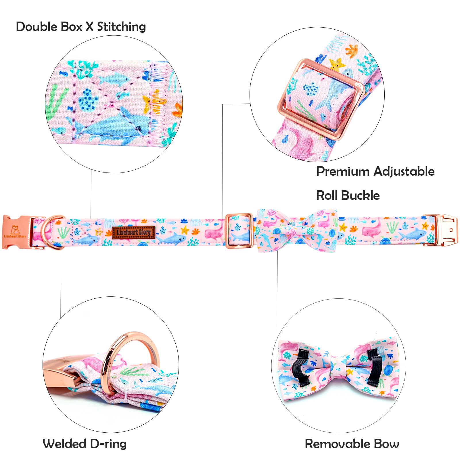 Lionheart Glory Dog Bow Collar Sea Animals Print Pink Dog Collar For X-Small Dogs,Female Male Dog Collars With Bowtie Spring Sum