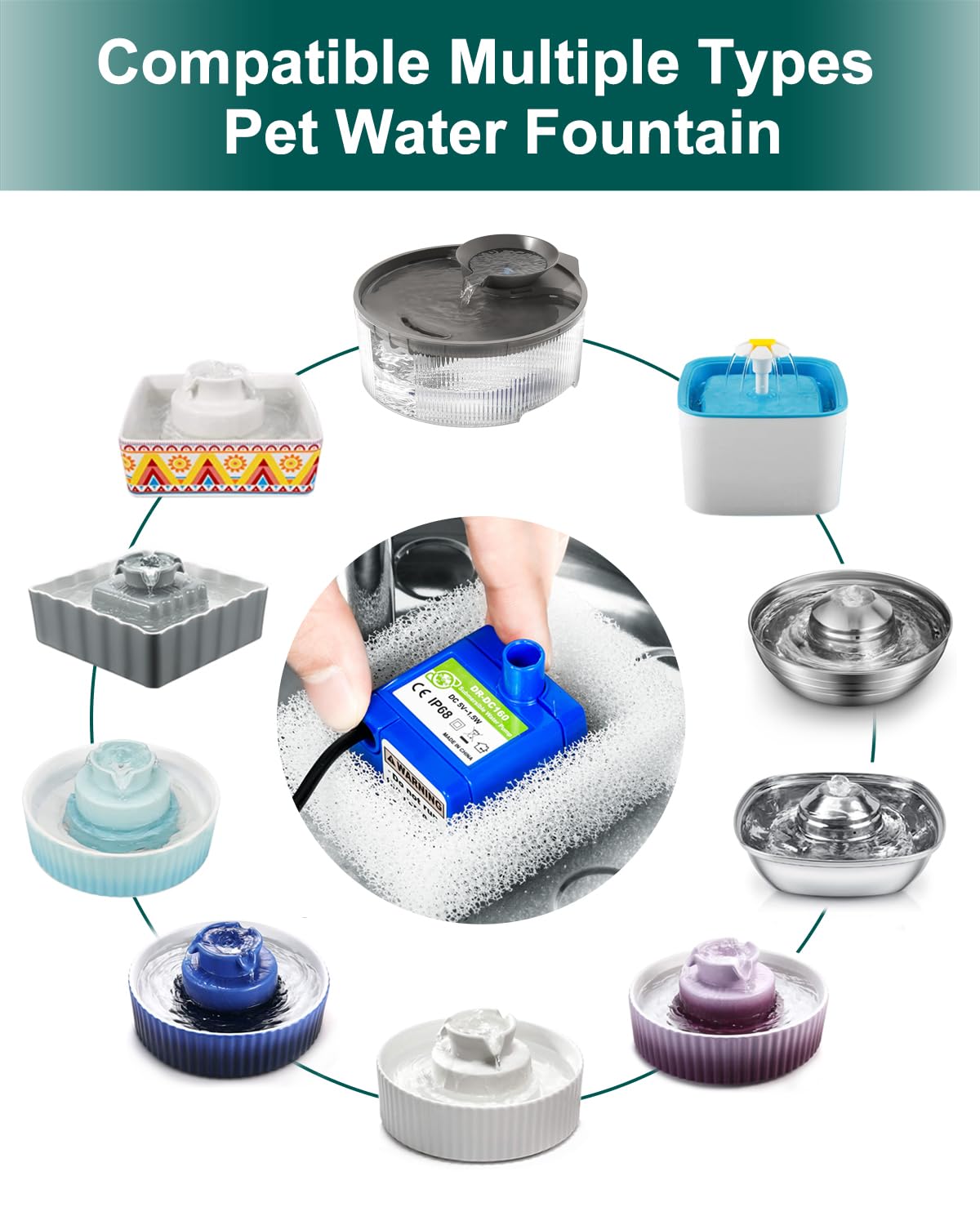 Cat Water Fountain Pump,Pet Fountain Pump Replacement Pump Dr-Dc160 Motor For 360?tainless Steel Cat Fountain And Cupcake Ceramic Cat Drinking Fountain(No Led Light)