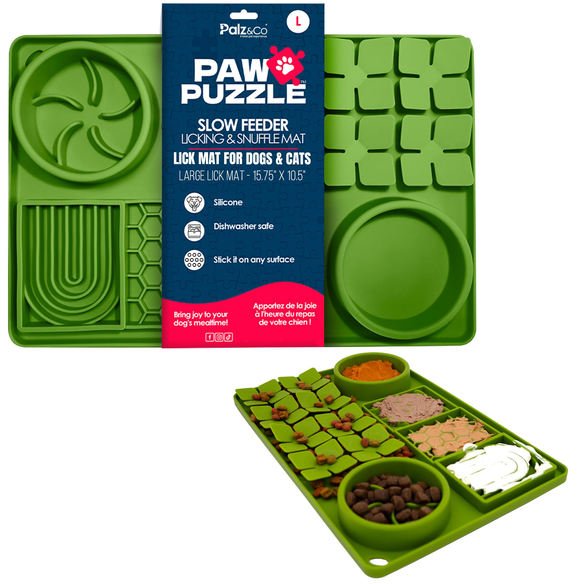 Palz&Co Paw Puzzle 2-in-1 Slow Feeder & Lick Mat - Large 15.75x10.5 Green Non-Slip Silicone Mat for Dogs & Cats, Dry or Wet Food