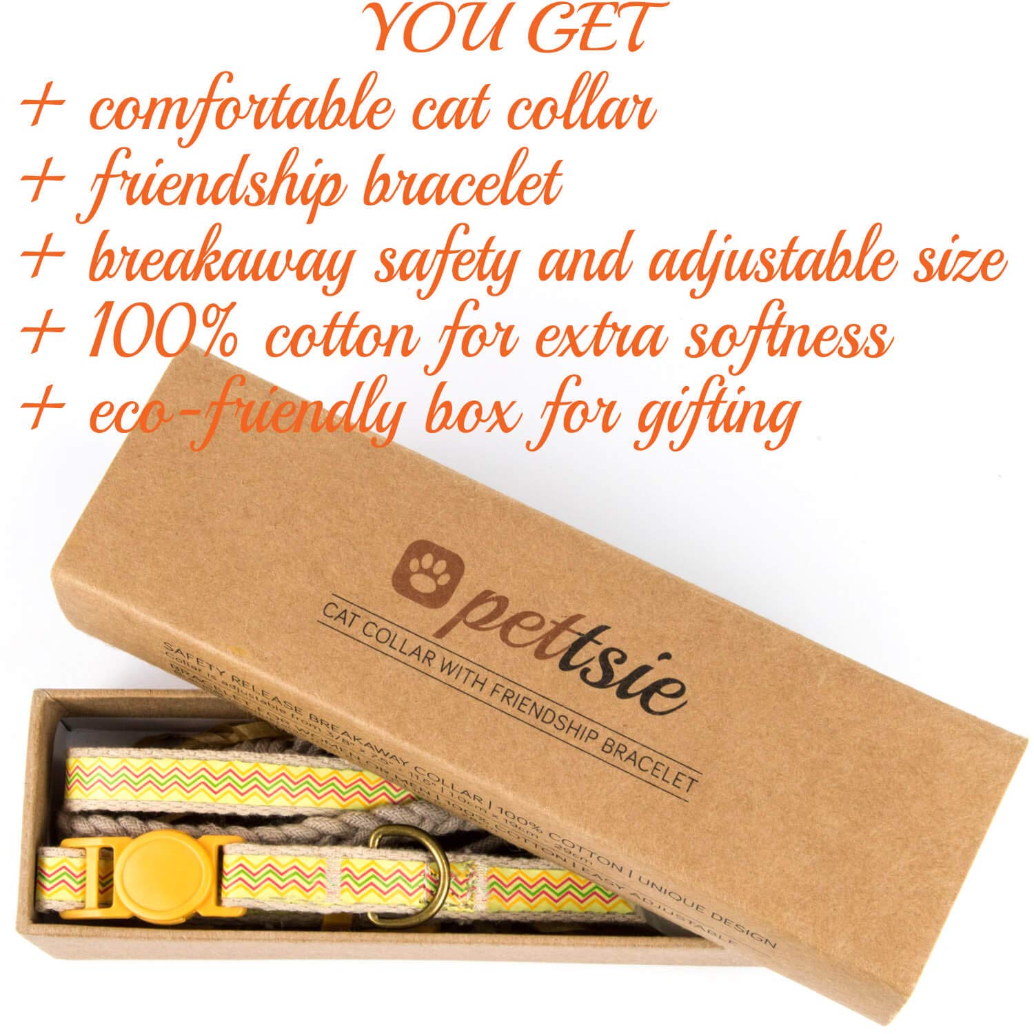Pettsie Easy Adjustable Cat Collar Set, Safety Breakaway Buckle, Matching Friendship Bracelet, Soft Cotton For Sensitive Skin, Ideal For Kitty Lovers, Fits Neck Sizes 7.5-11.5 Inches, Yellow