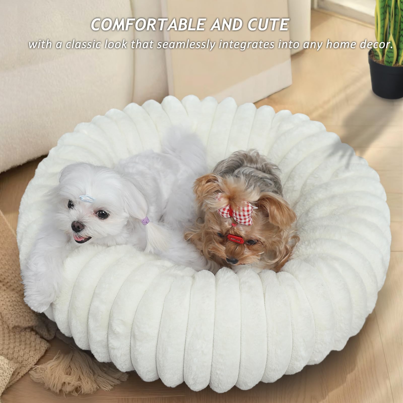 Donut Small Dog Bed Washable - Dog Beds For Small Dogs And Cats With Corduroy Fleece & Anti Slip Bottom, Calming Round Faux Fur