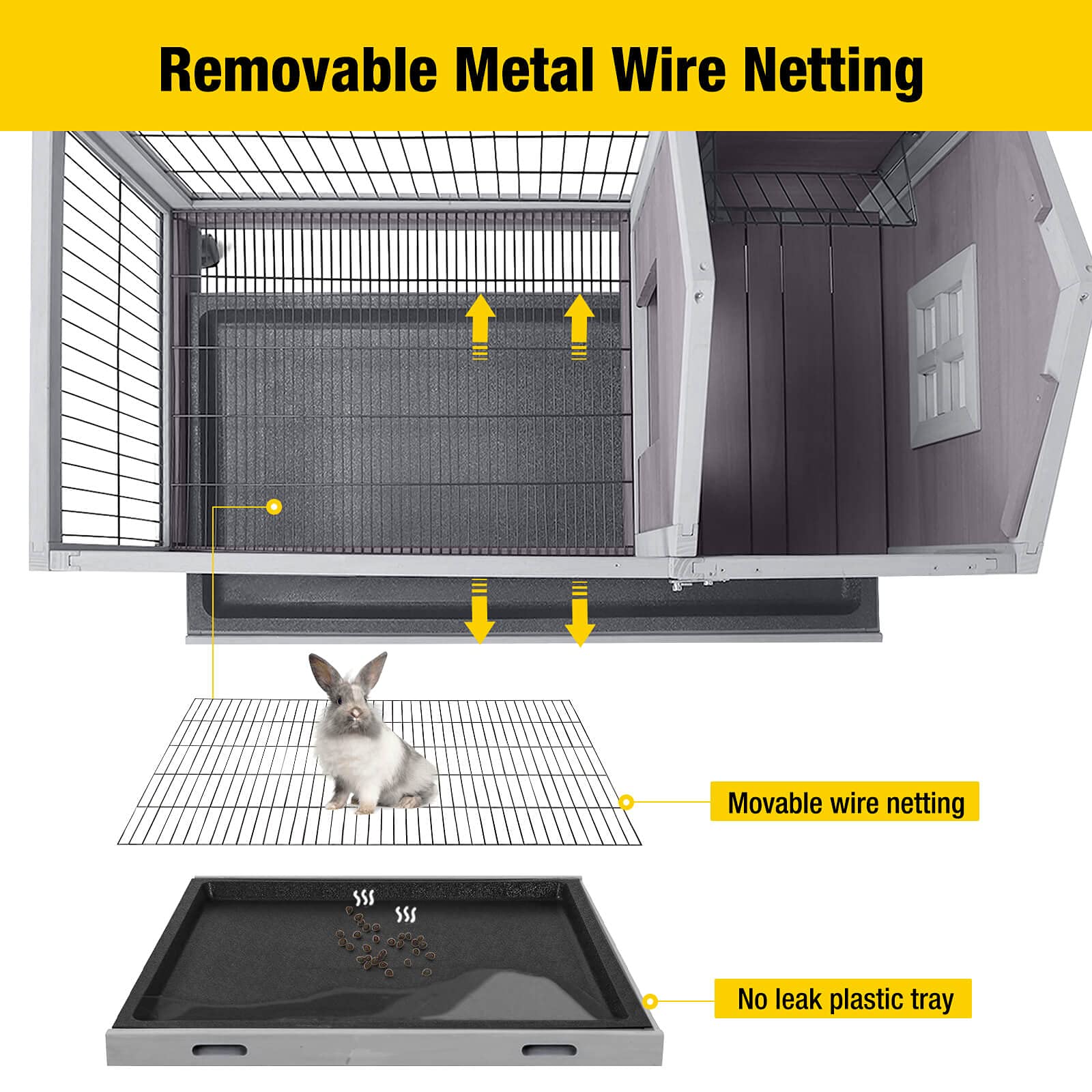 Aivituvin Rabbit Hutch Indoor Bunny Cage Outdoor Rabbit House Bunny Hutch With Deeper Leakproof Plastic Tray (Grey-24)