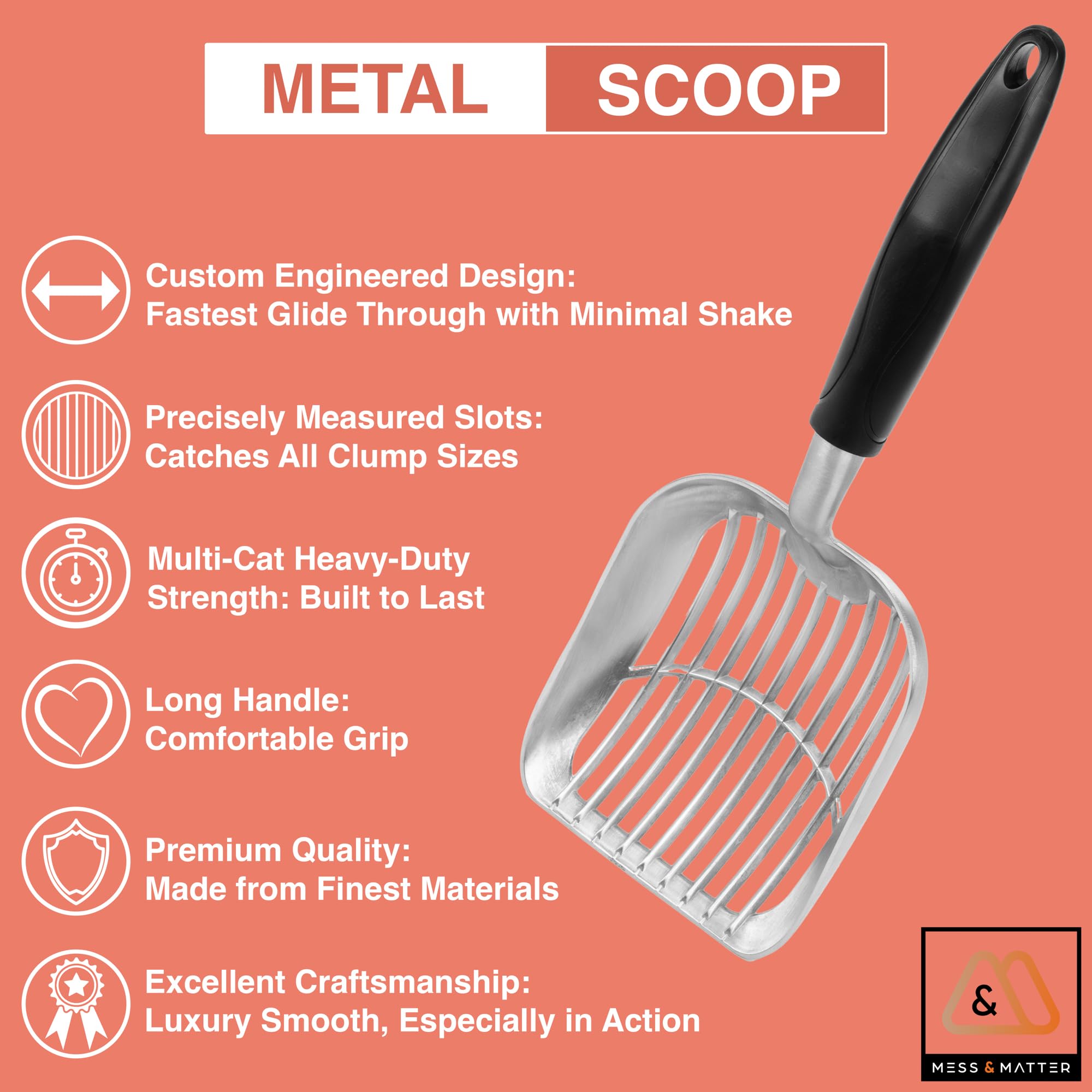 Heavy Duty Full Metal Cat Litter Scoop With Holder - Speed Sifter Litter Box Scooper Captures All Clumps - Kitty Litter Sifting