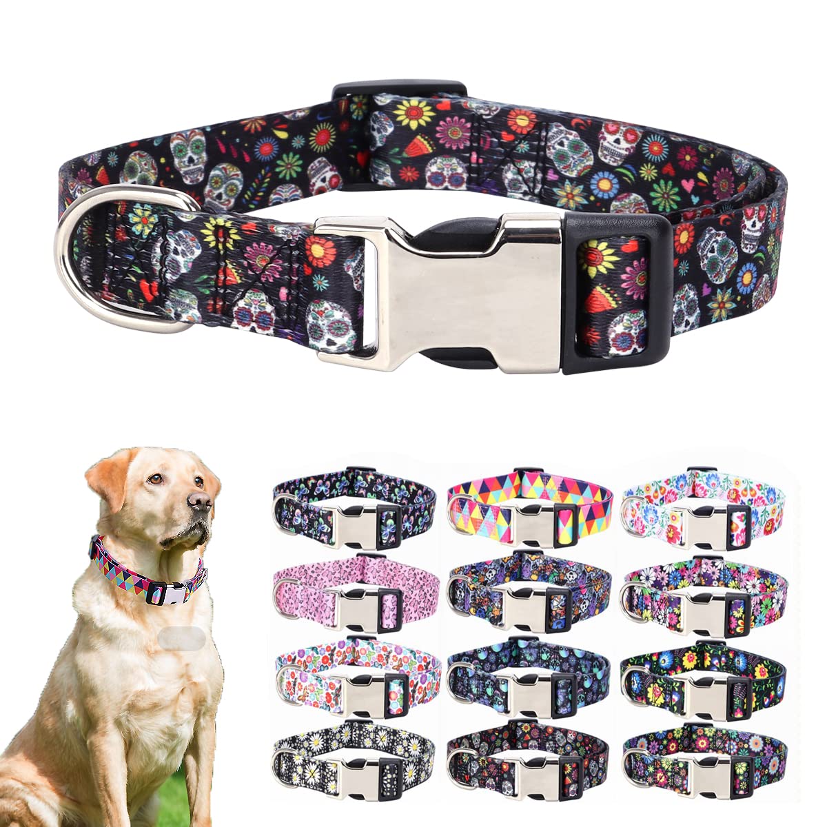 Flower Skull Dog Collars For Medium Dogs, Pretty Pattern Print Funny Fun Dog Collar Metal Buckle Durable Soft Female Puppy Colla