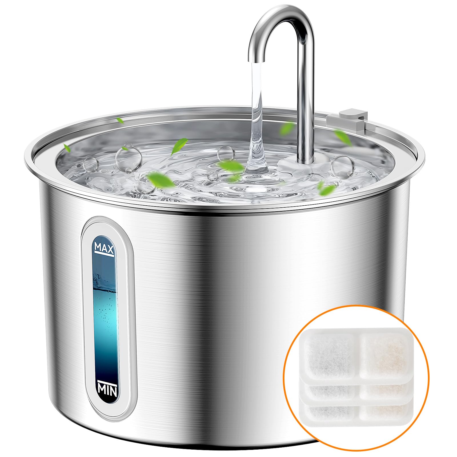 Oneisall Stainless Steel Cat Water Fountain, 2L Water Fountains For Cats Indoor With Quiet Pump And 3 Replacement Filters, Pet W