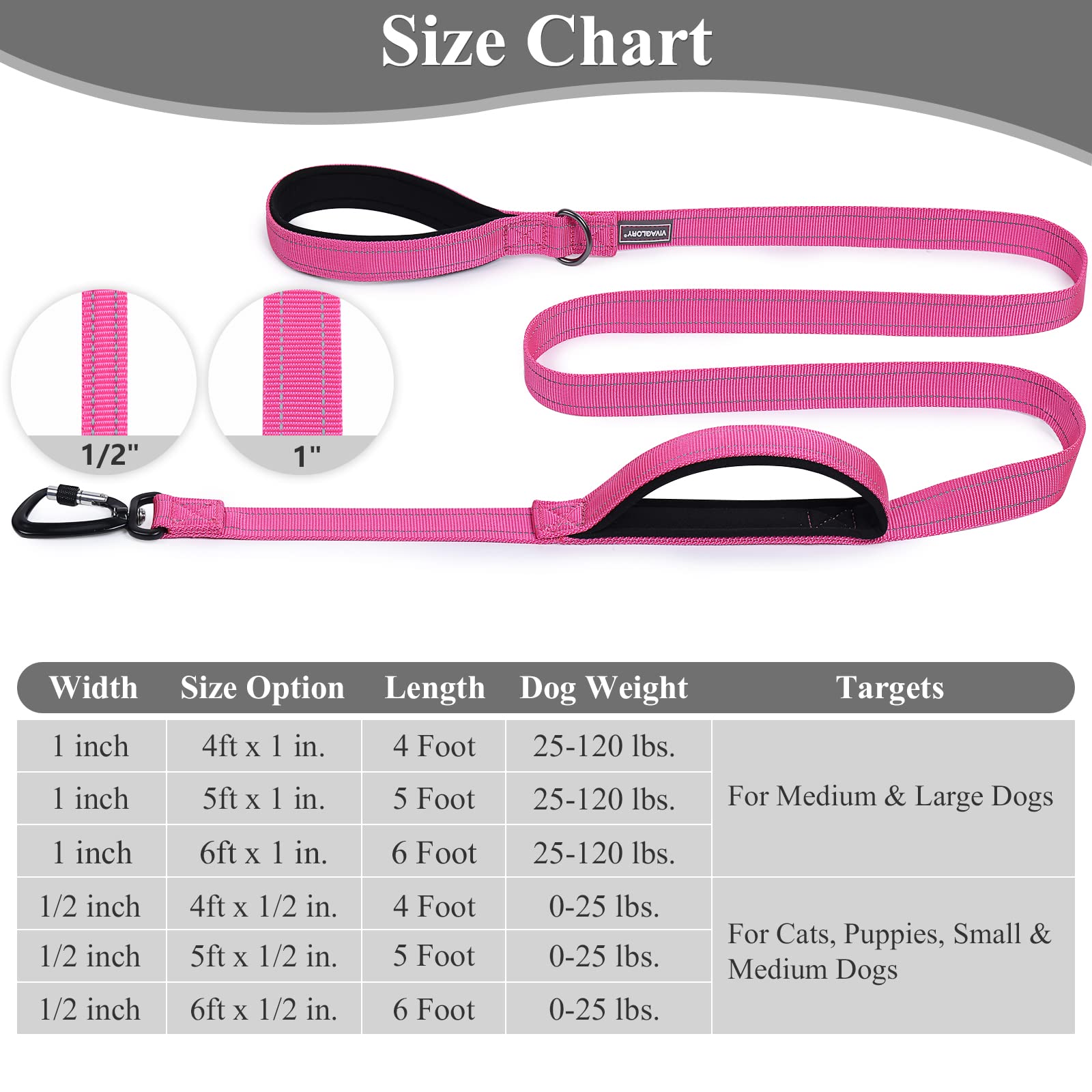 Vivaglory Dog Leash With Lightweight Aluminum Clasp & 2 Padded Handles, 4Ft Nylon Dog Leash Lead Heavy Duty Safety No Pull Climbing Climbers Carabiner Clip Training Leash For Medium Large Dogs Pink