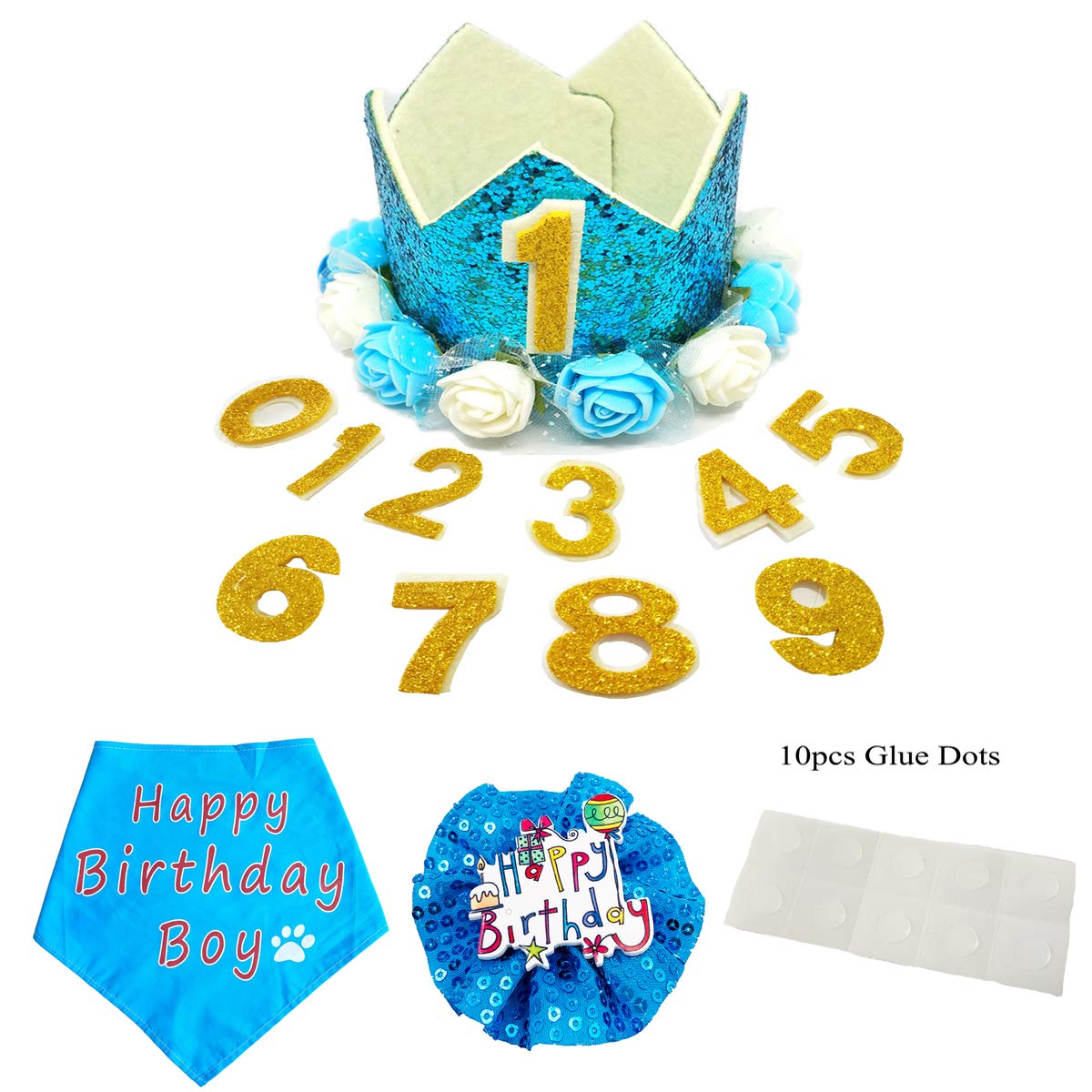 Pet Show Blue Crown Dog Birthday Party Hat With Bandana And Collar Bows Charms Costume Set Reusable Birthday Party Headband Puppies Cat Kitten Hats With 0-9 Figures Charms Grooming Accessories