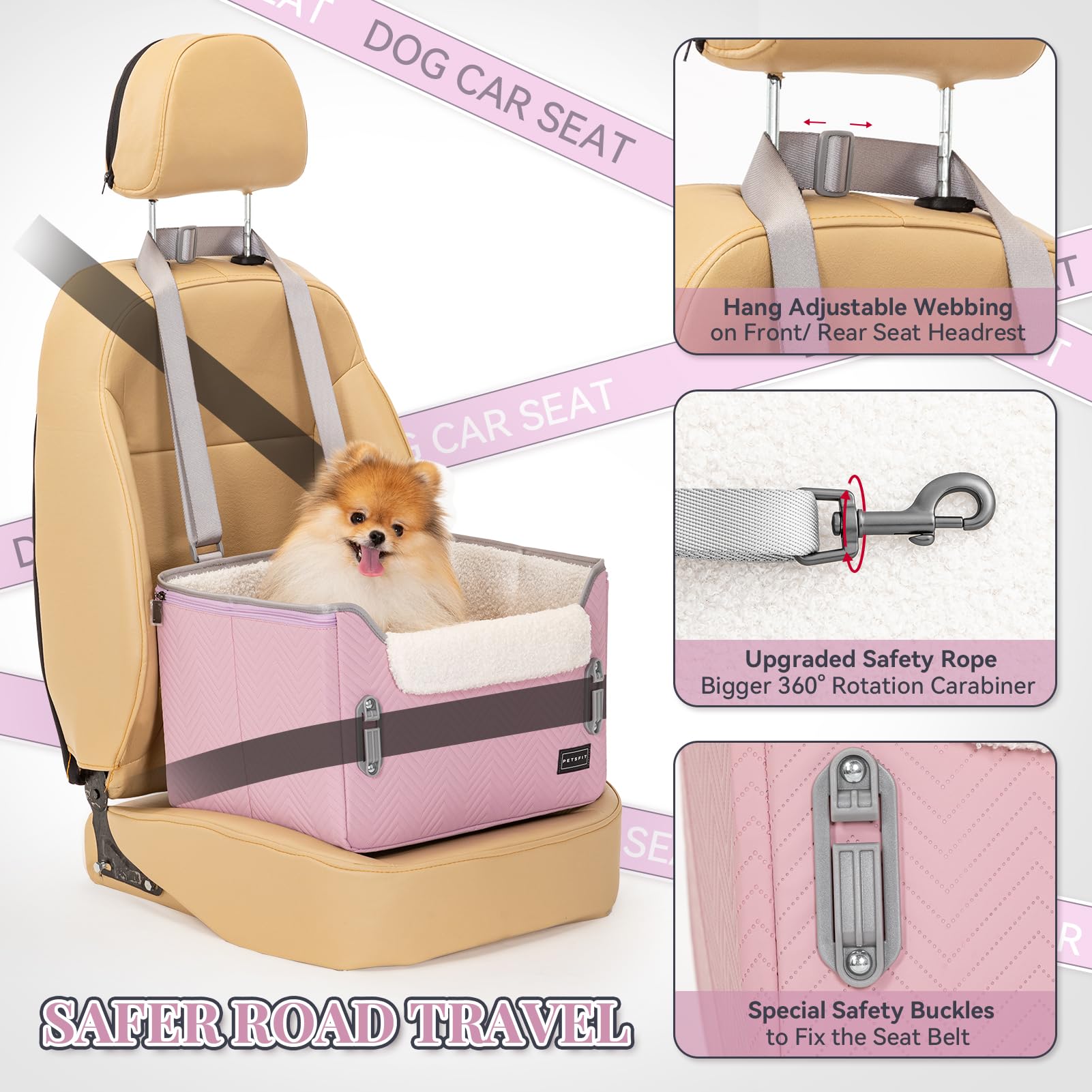 Petsfit Dog Car Seats For Small Dogs, Portable Puppy Car Saet For Car With Clip-On Leash, Adjustable Straps Suitable For Small Pets Up To 25Lbs (Light Pink)