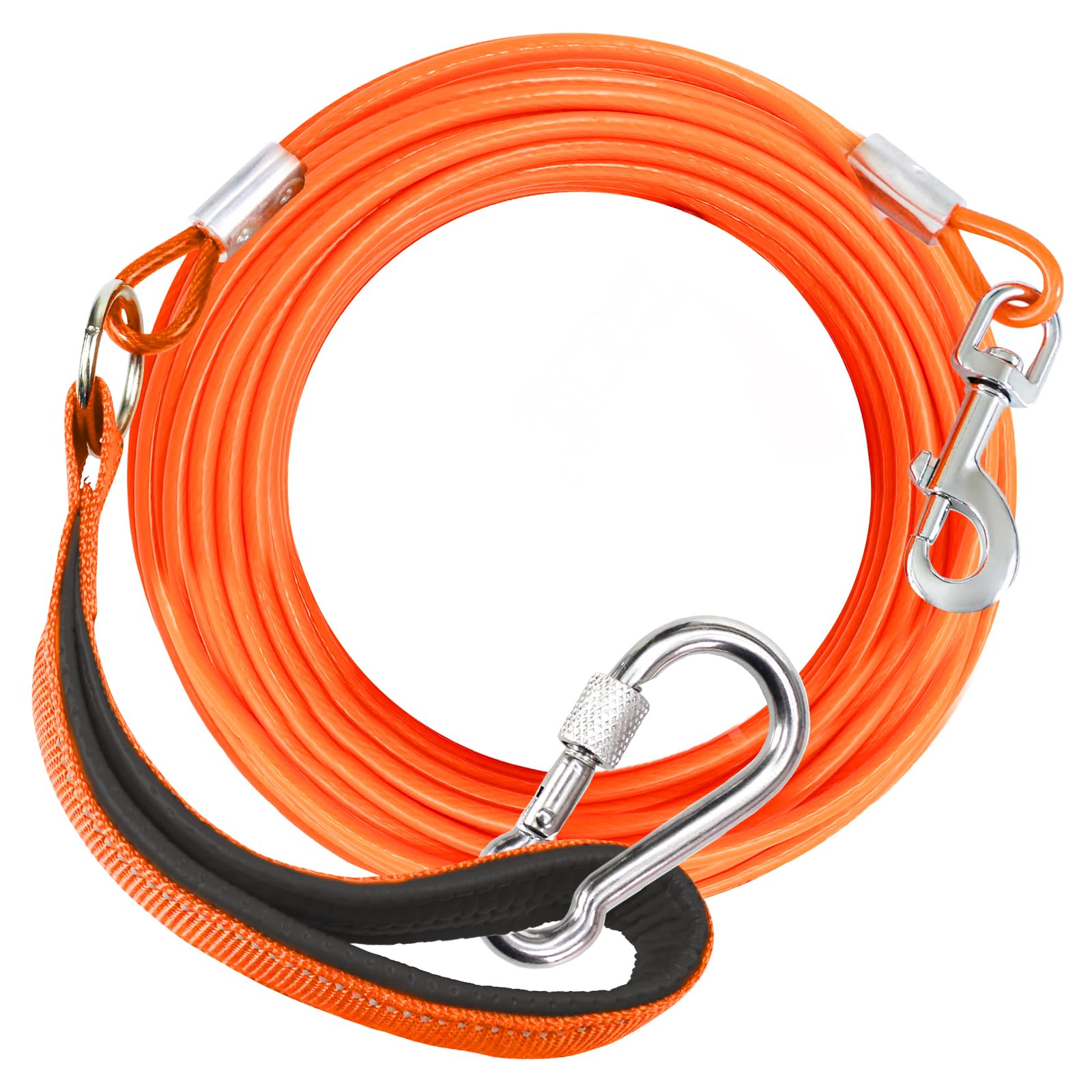 Furggis Long Dog Leash, Chew Proof Tie Out Cable, Heavy Duty 30FT, Orange, Durable PVC, Padded Handle for Medium Large Dogs