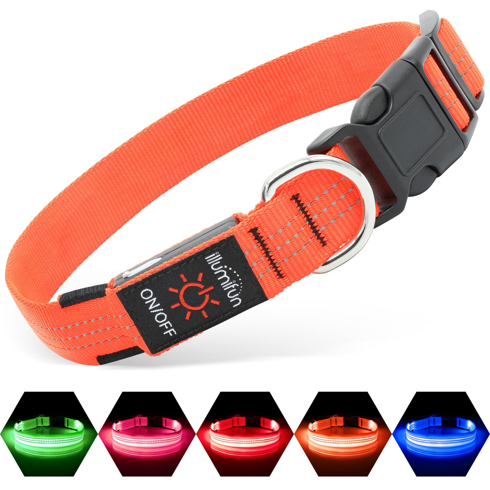 Illumifun Led Dog Collar Usb Rechargeable Light Up Dog Collar, Reflective Pet Safety Collar Light Glow In The Dark (Orange?, Med
