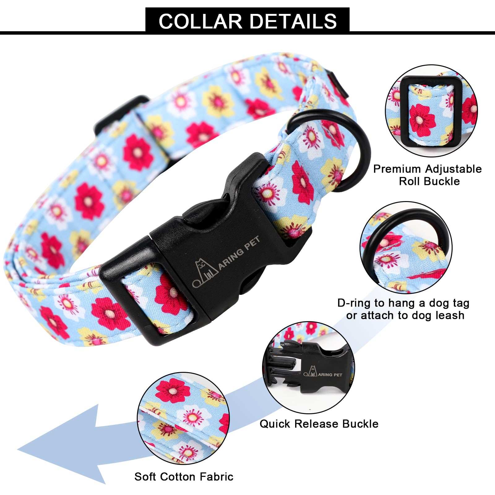 Aring Pet Summer Dog Collar-Cotton Lightweight Dog Collars, Adjustable Girl Pet Collar Puppy Collars With Quick Release Buckle F