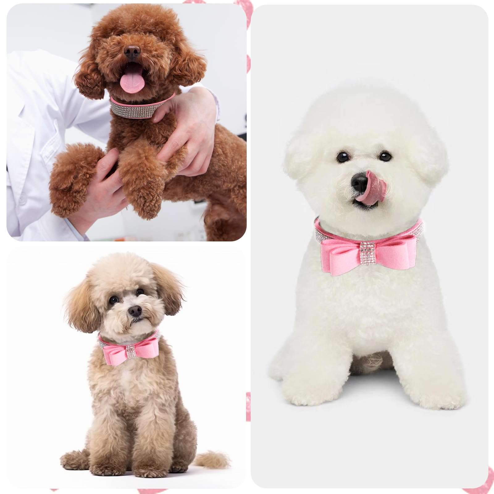 Pink Rhinestone Dog Collar Xs, 2-Pack Bling Cat Collar Soft Suede Glitter Diamond Jewelry Crystal Girl Puppy Collar With Bow For