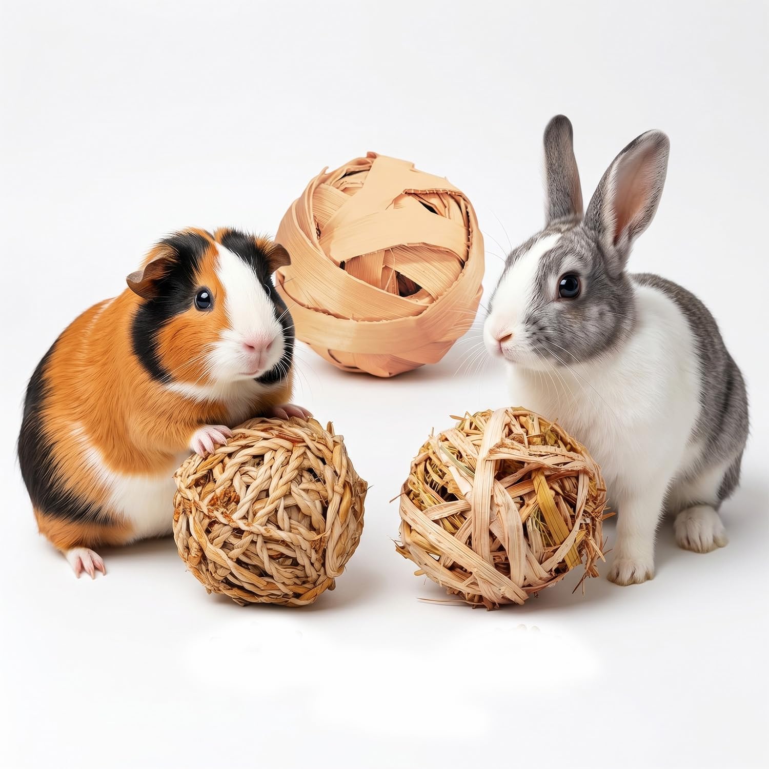 Pawbabas Natural Banana Stem Fiber Chew Ball Toys For Small Pets, Set Of 3, Handwoven Safe Balls For Rabbits, Guinea Pigs, Hamst