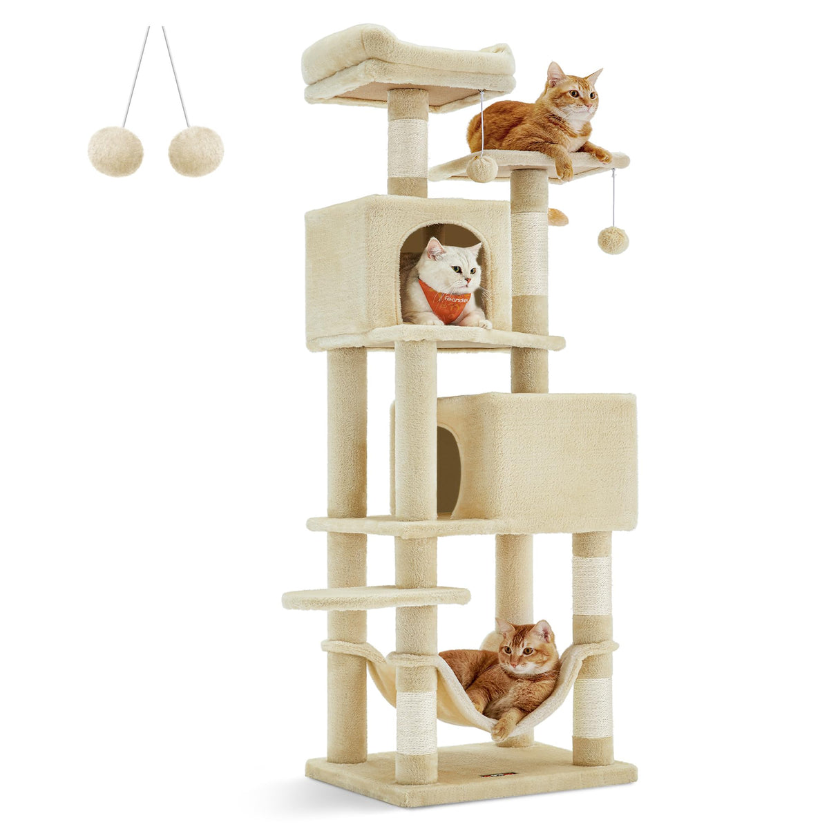 Feandrea Cat Tree, 61-Inch Cat Tower For Indoor Cats, Plush Multi-Level Cat Condo With 5 Scratching Posts, 2 Perches, 2 Caves, Hammock, 2 Pompoms, Beige Upct192M01