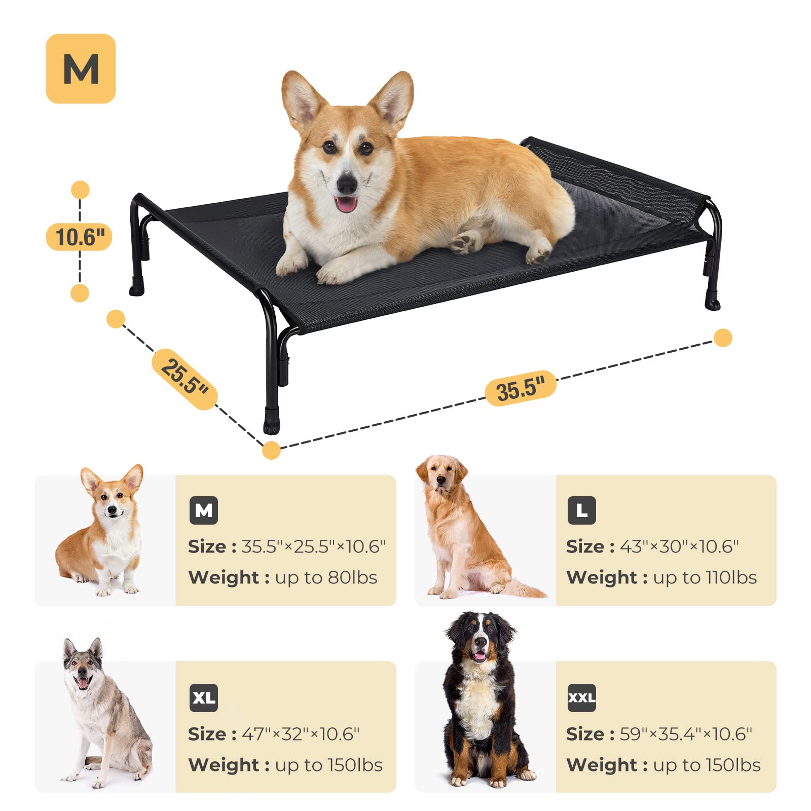 Veehoo Elevated Dog Bed, Outdoor Raised Dog Cots Bed For Medium Dogs, Cooling Camping Elevated Pet Bed With Slope Headrest For Indoor And Outdoor, Washable Breathable, Medium, Black, Cwc2204