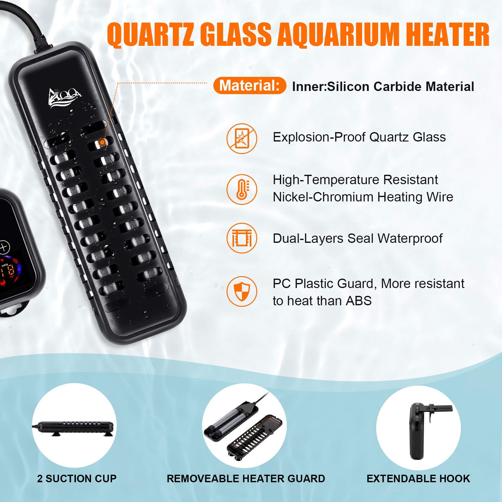 Aqqa Aquarium Heater 500W For 66-135 Gallon Fish Tank Heater Quartz Glass Submersible Betta Fish Heater For Aquarium Thermostat Heater For Freshwater And Saltwater (500W For 66-135 Gal)