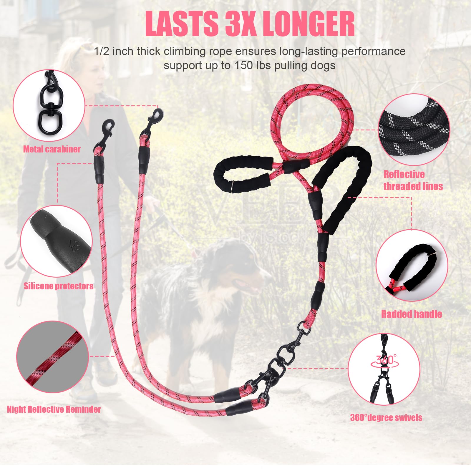 Exceptional 360 Anti-Tangle & No Pull Dual Dog Leash - Double Handle & Reflective For Small & Medium Dogs (Pink, 2 Way)