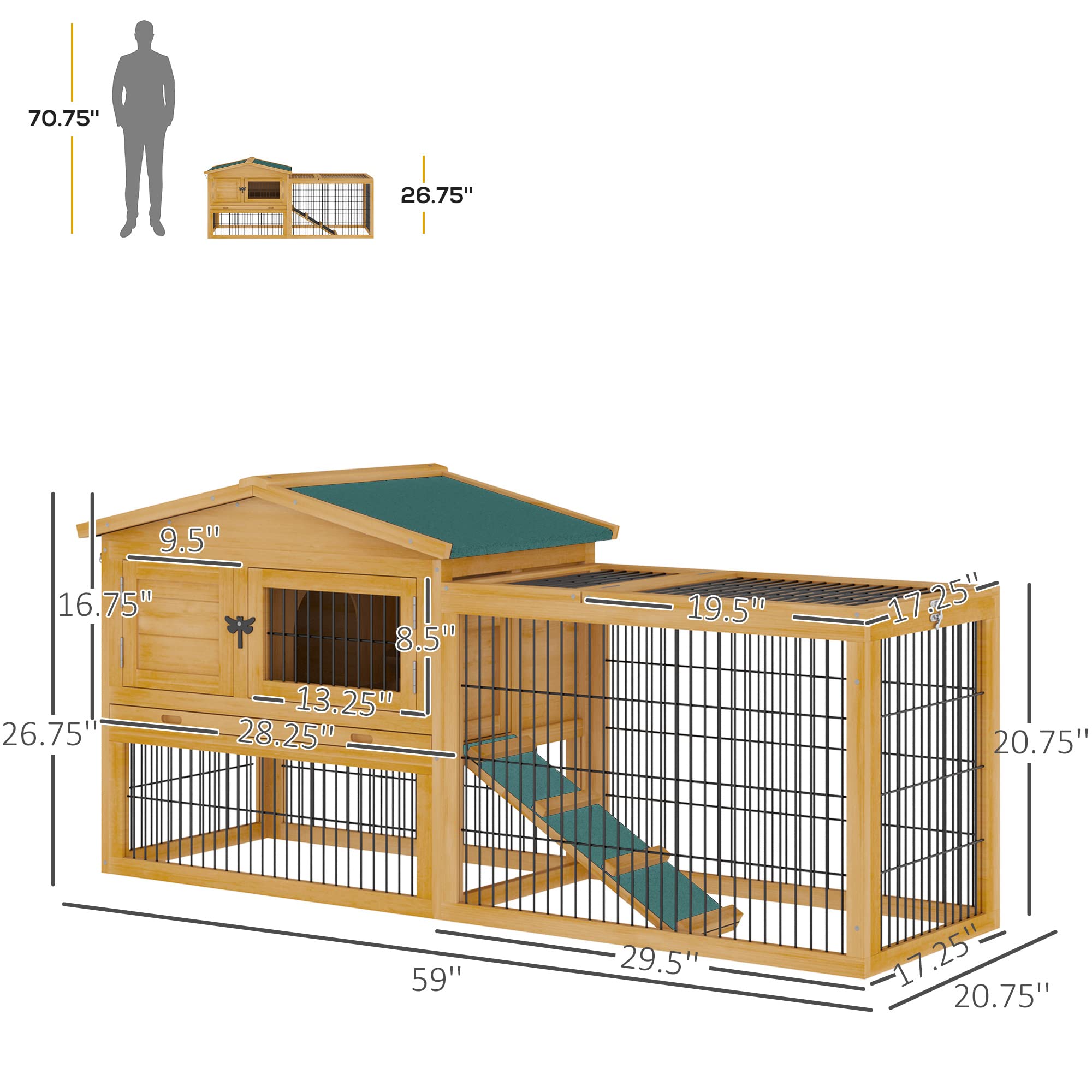 Pawhut Rabbit Hutch, 2 Story Outdoor Bunny Cage With Slide-Out Tray, Run Cage, Openable Top For Rabbits, Guinea Pig, Yellow