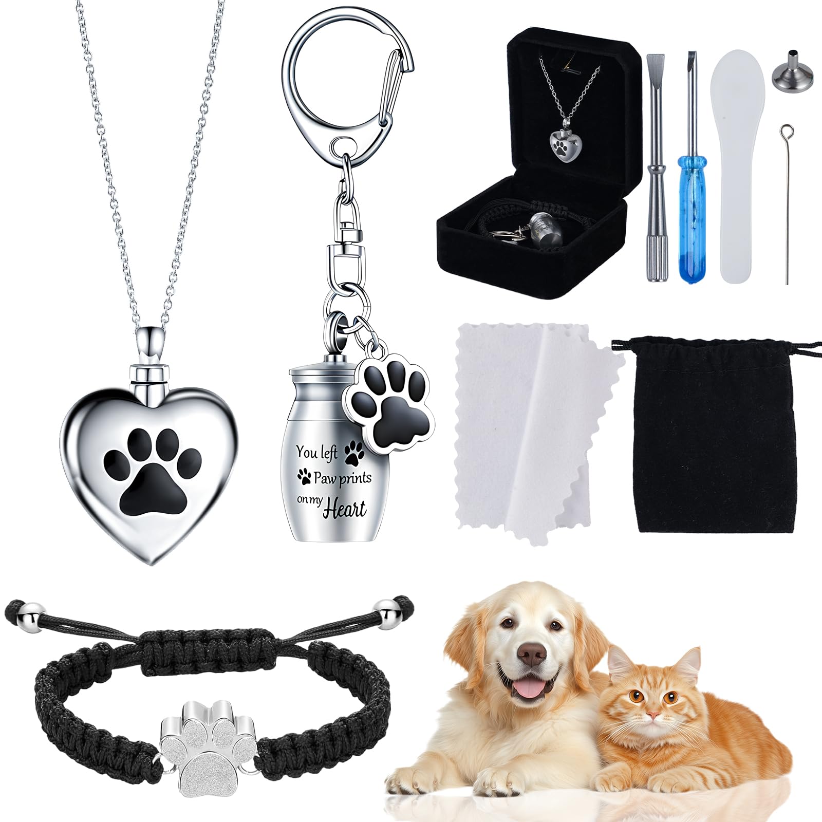 Faculx 3-Piece Cremation Jewelry Set For Ashes - Heart Urn Necklaces For Ashes, Paw Print Urn Bracelet For Ashes, Keychain - Ash