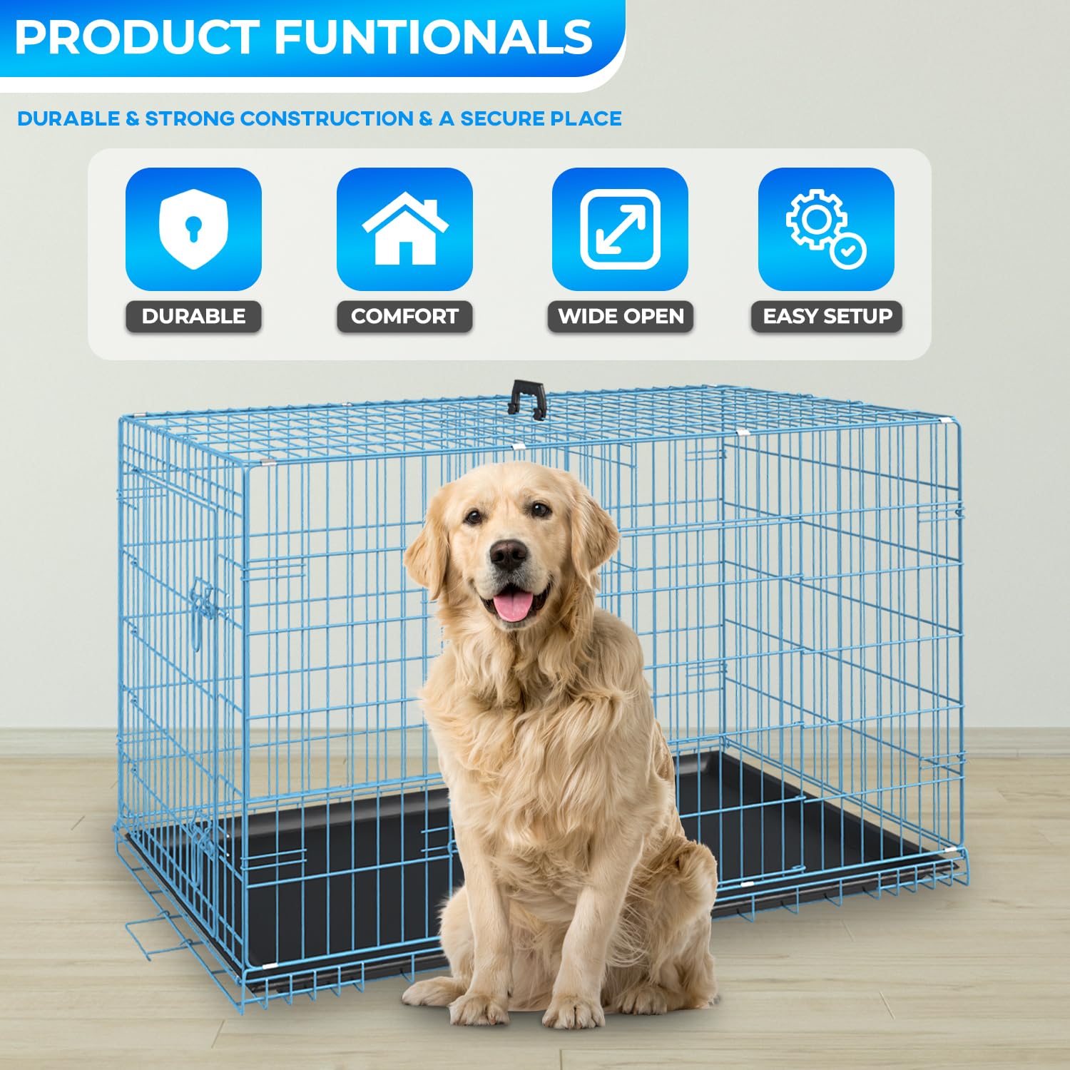 Fdw Dog Crate For Large Dogs 48 Inch Folding Metal Wirepet Cage Double Door W/Divider Panel Indoor Outdoor Kennel Leak-Proof Pla