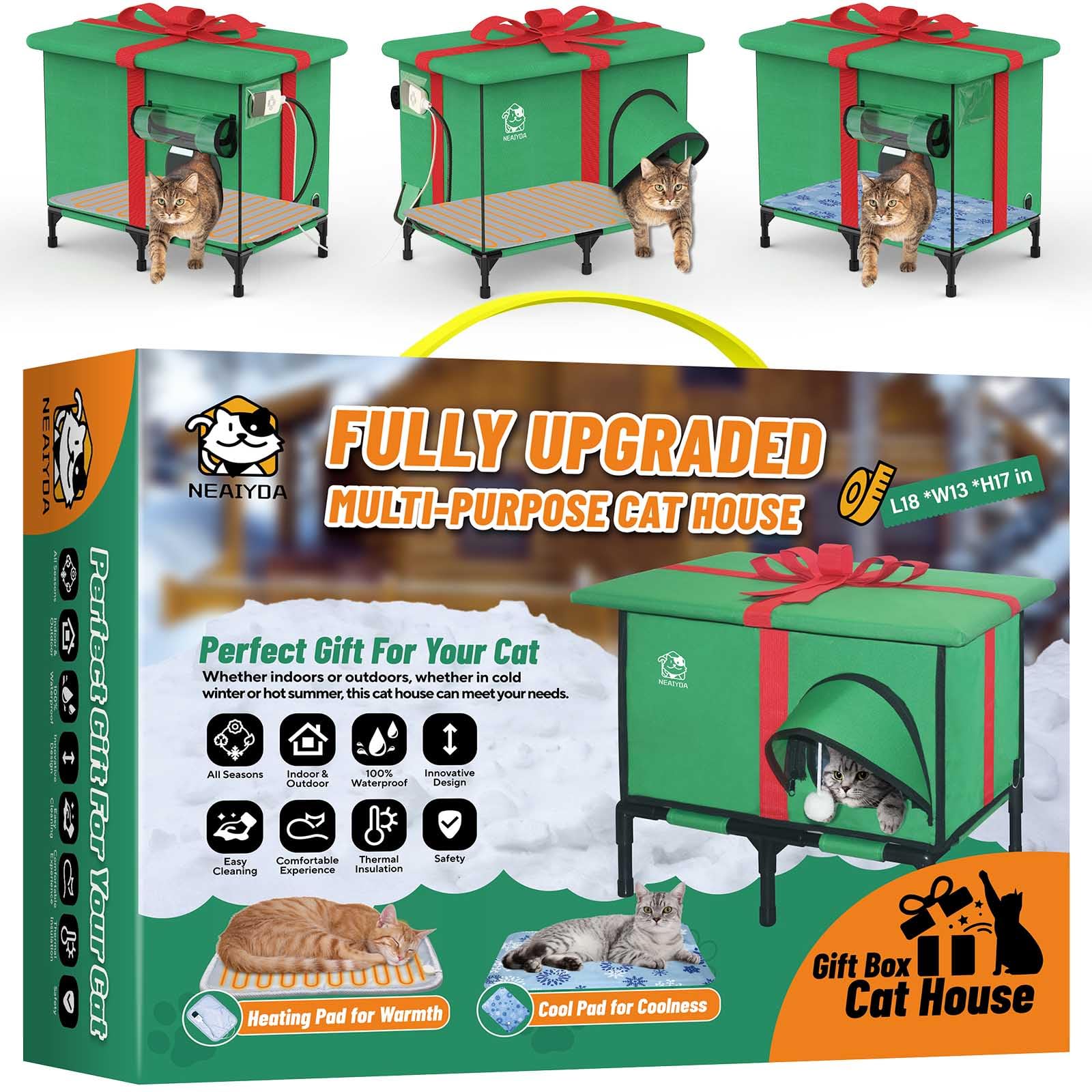 Neaiyda Outdoor Cat House, Weatherproof And Insulated Outside Cat Shelter With Heated Pad And Cooling Pad(4 Seasons Universal),G