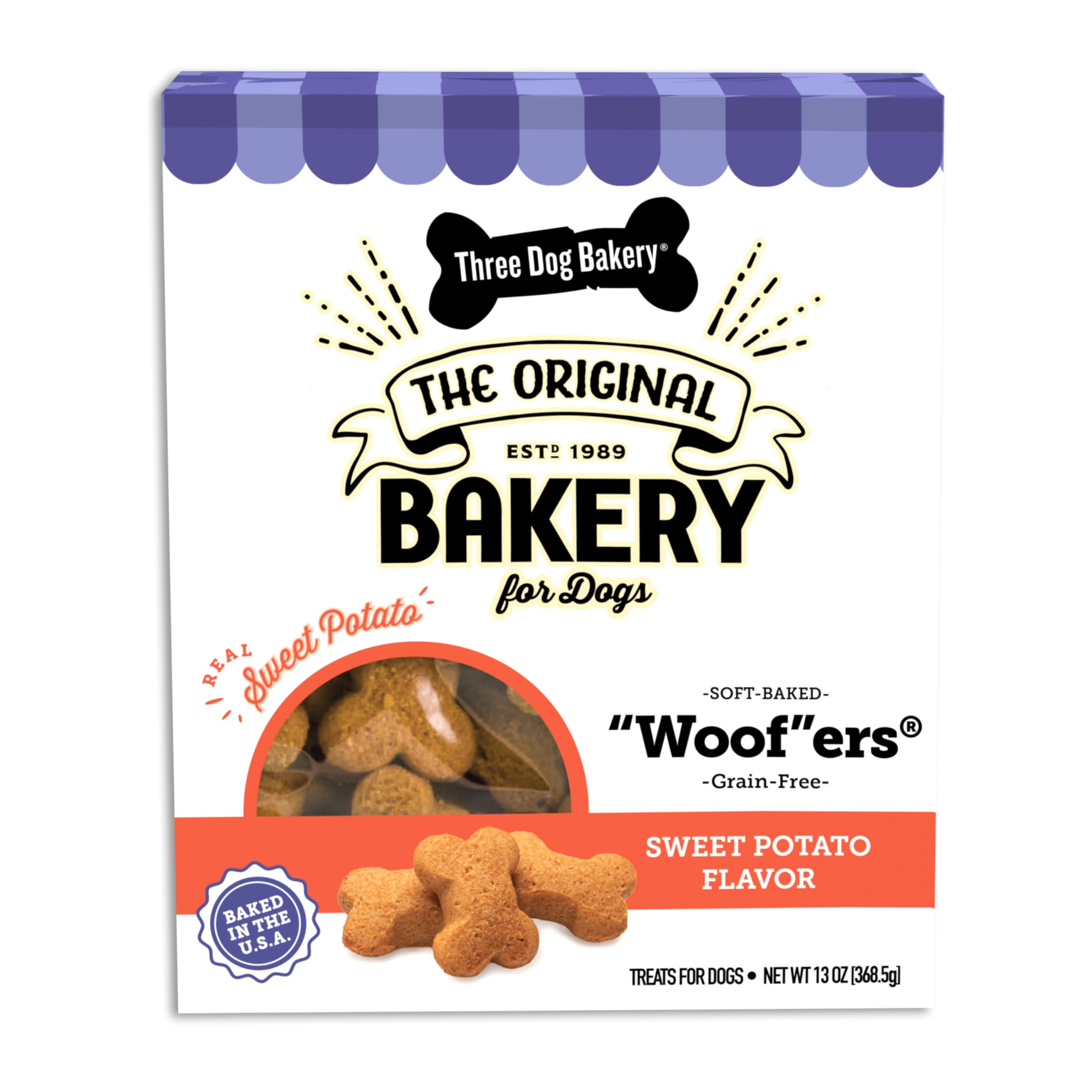 Three Dog Bakery Grain Free Wafers Baked Dog Treats, Sweet Potato, 13 oz