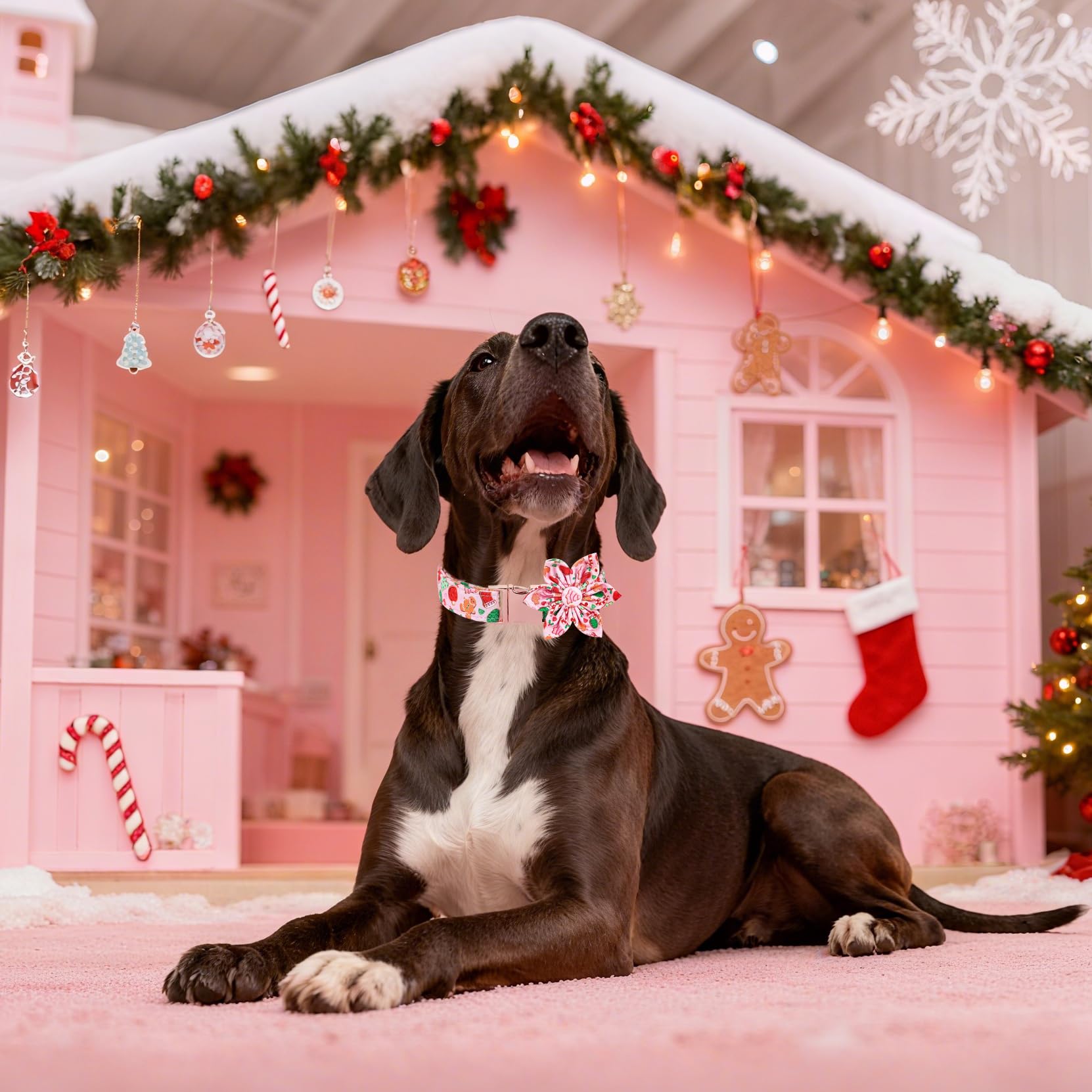 Maca Bates Christmas Pink Dog Collar with Floral Bow Tie for Large Girl Boy Dogs,Cute Gingerbread,Tree Pattern, Breakaway Adjust