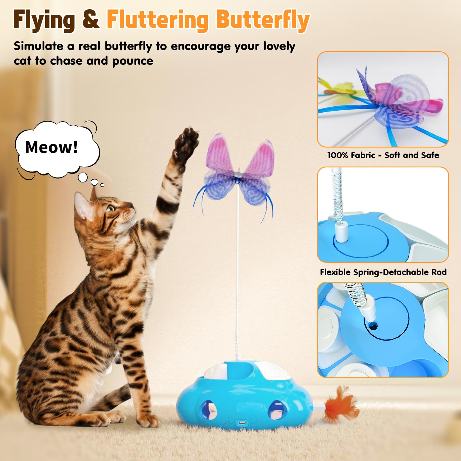 Crazydeer Interactive Cat Toys For Indoor Cats, 4In1 Pet Teaser Toy With Ambush Feather Wand, Motorized Fluttering Butterfly And