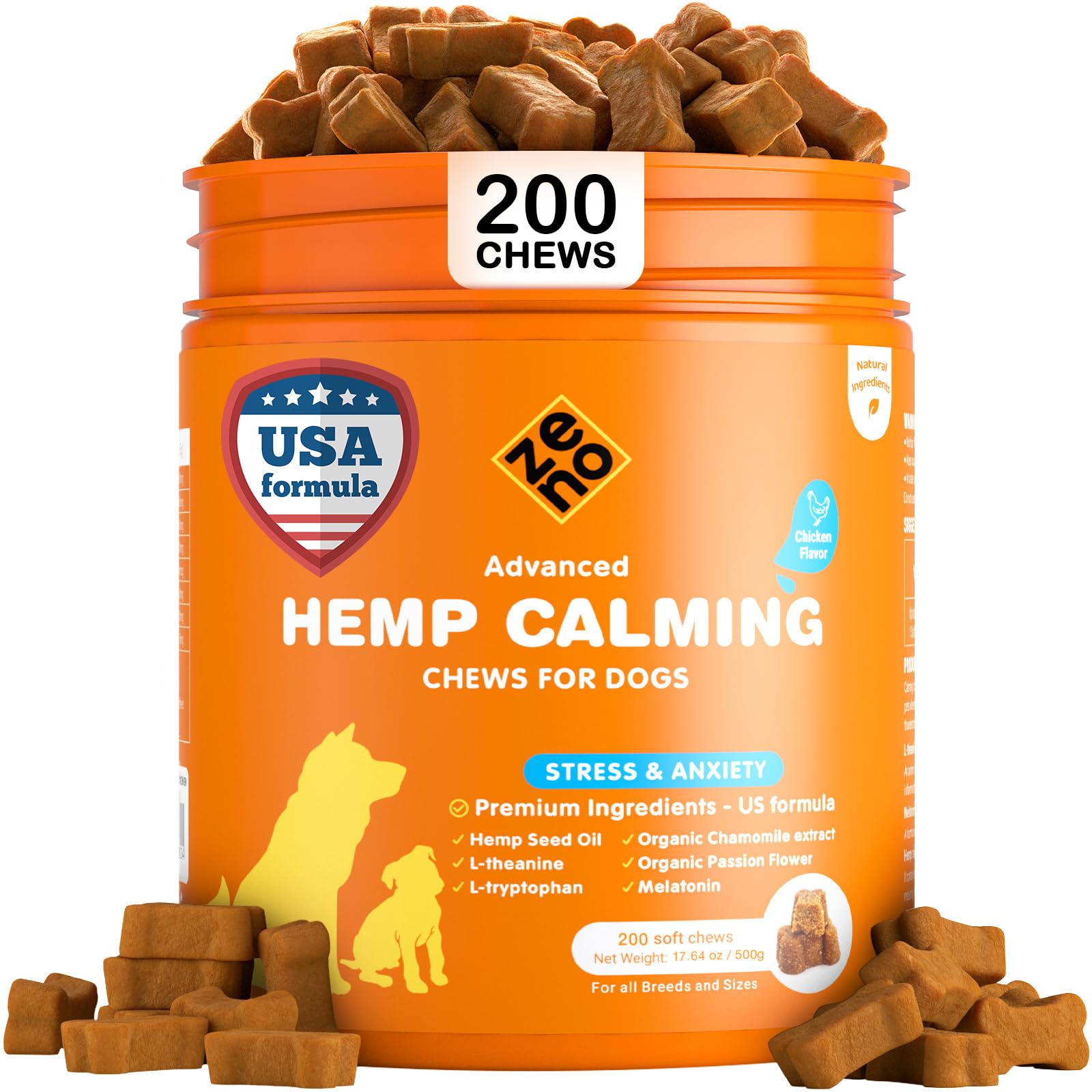 ZENO Hemp Calming Chews for Dogs Anxiety 200 pcs - Chicken Flavored - Anxiety Relief - Calming Chews Treats - Melatonin for Dogs