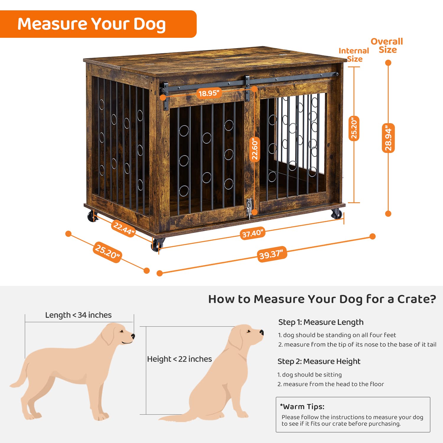 IchbinGo Dog Crate Furniture with Sliding Barn Door, 39  Wooden Dog Kennel End Table with Wheels and Flip-top Plate Dog House wi