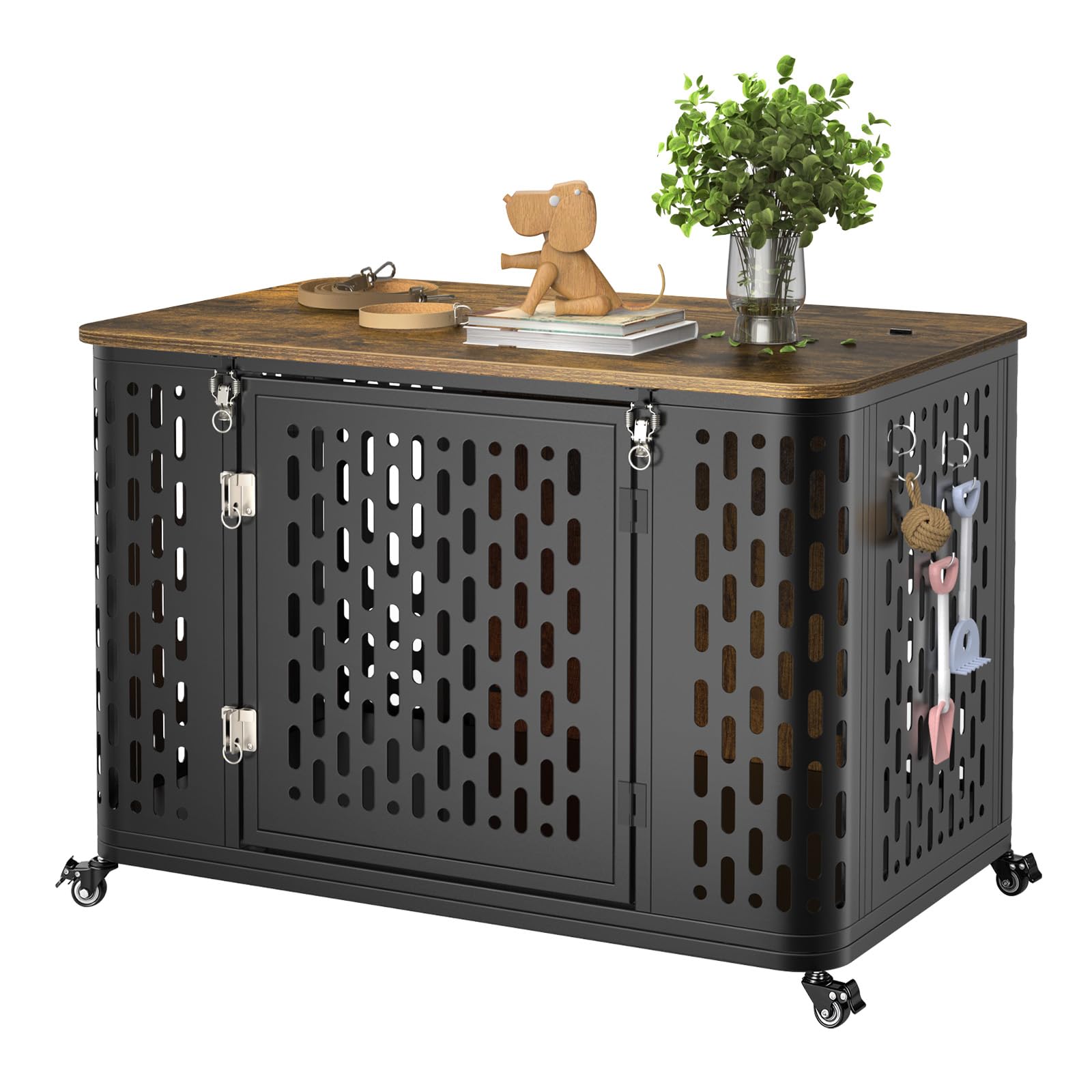 ONBRILL Dog Crate with Cushion, 38  Wood Heavy Duty Dog Crate Furniture with Flip Top & Wheels for High Anxiety Dogs, Escape Pro