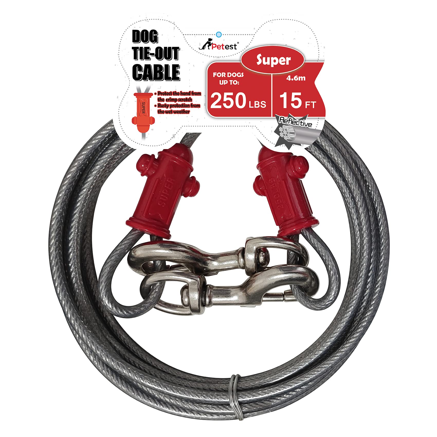 Petest Reflective Tie Out Cable with Crimp Cover for Super Dogs Up to 250 Pounds, 15 Feet