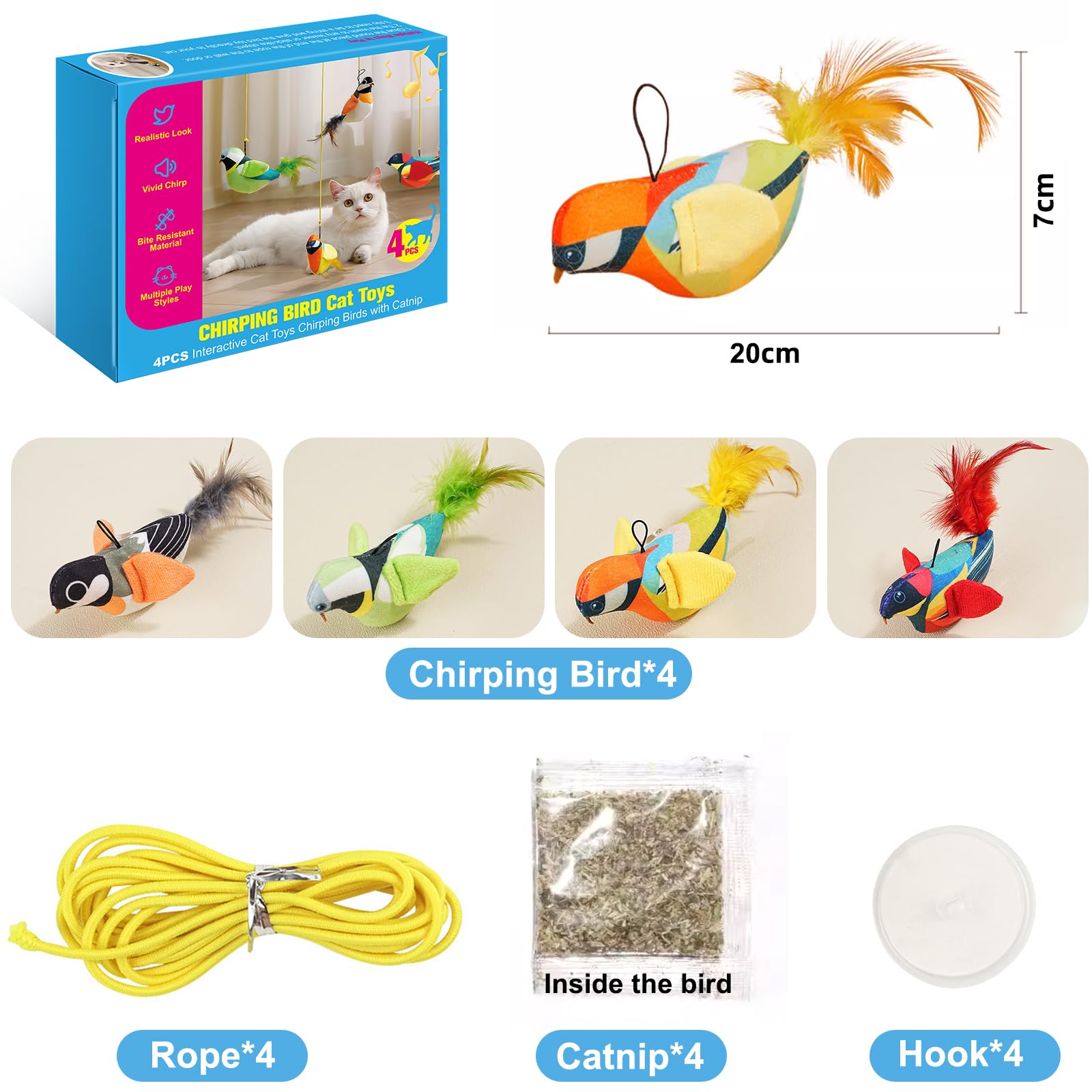 4Pcs Interactive Hanging Bird Cat Toys Set - With Catnip, Realistic Chirping, Lifelike Birdie Tweets, Durable & Safe, Indoor Kit