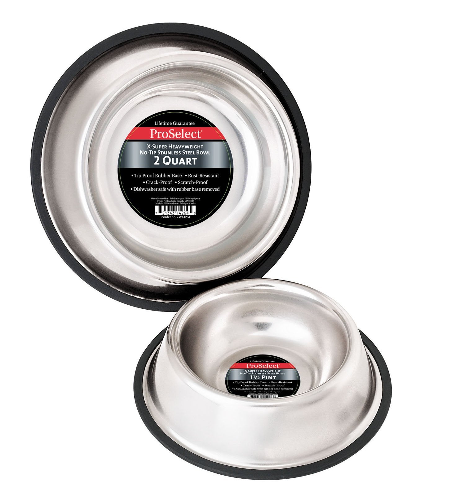 Proselect Stainless Steel X-Super Heavyweight Non-Tip Pet Bowl, 9-Inch, 3-Quart