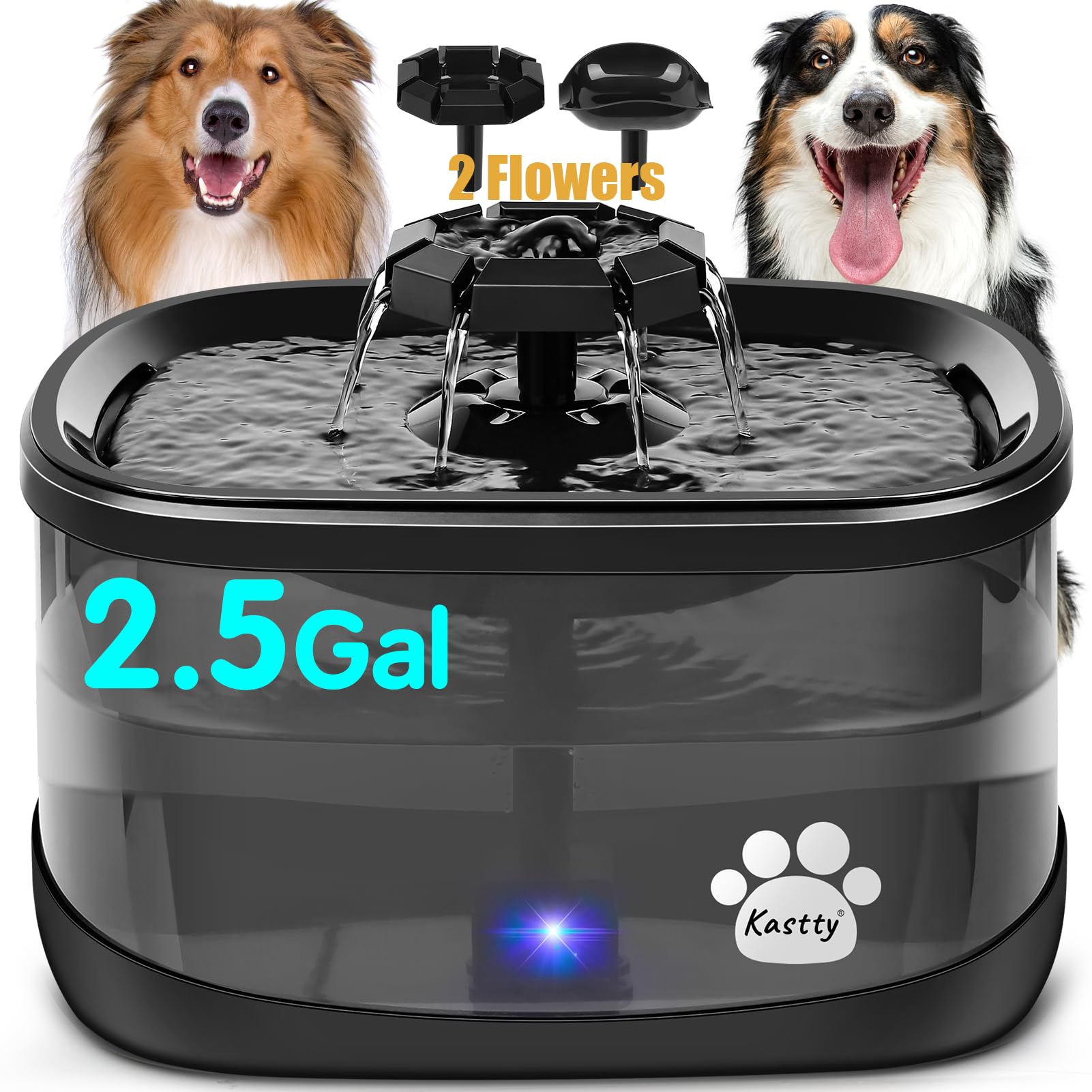 Kastty 300oz/9L Dog Water Fountain Extra Large Pet Fountain with 3 Flow Modes& Larger Filter Super Filtration& Smart 3 in 1 LED