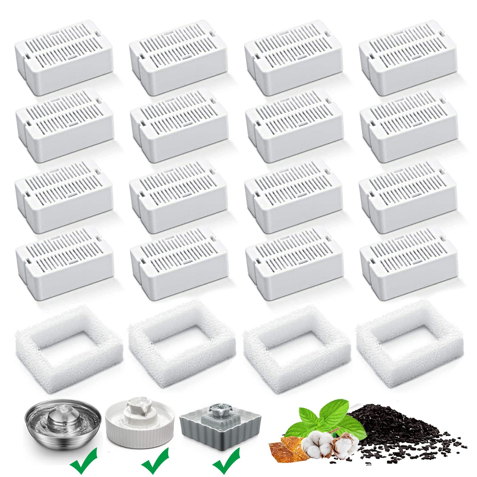 Cat Water Fountain Replacement Filters,16 Pack Cat Fountain Carbon Filters and 4 Pack Foam Filters for Ceramic Pet Drinking Foun