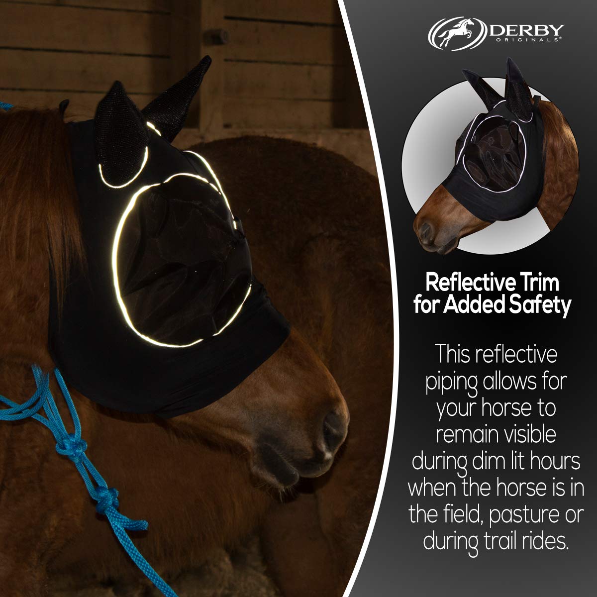 Derby Originals Reflective Lycra Fly Mask with 1 Year Warranty Mesh Eyes and Ears,Royal Blue,Medium (Cob/Arabian),72-7177-RBL-ME