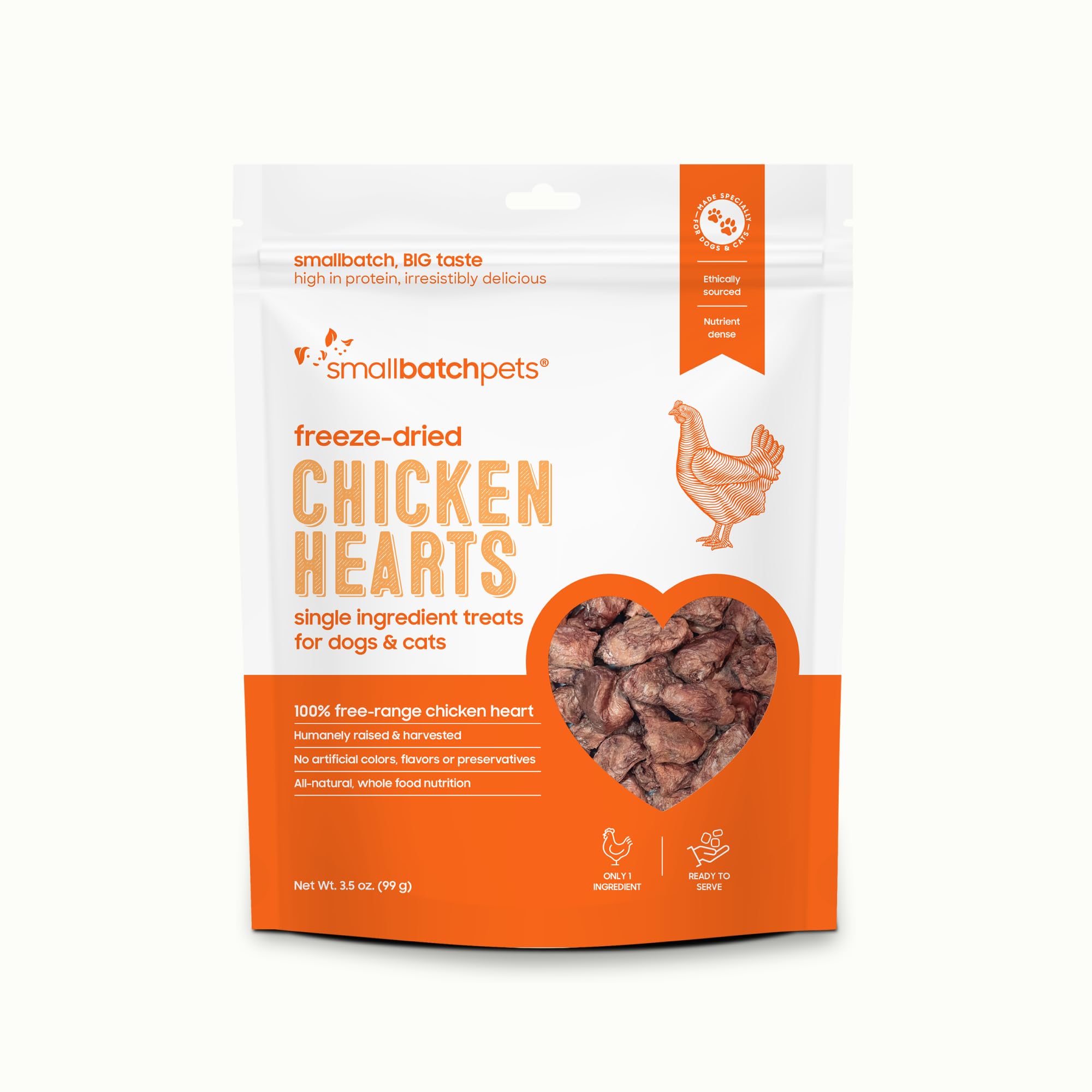 smallbatch Pets Premium Freeze-Dried Chicken Heart Treats for Dogs and Cats, 3.5 oz, Made and Sourced in The USA, Single Ingredi