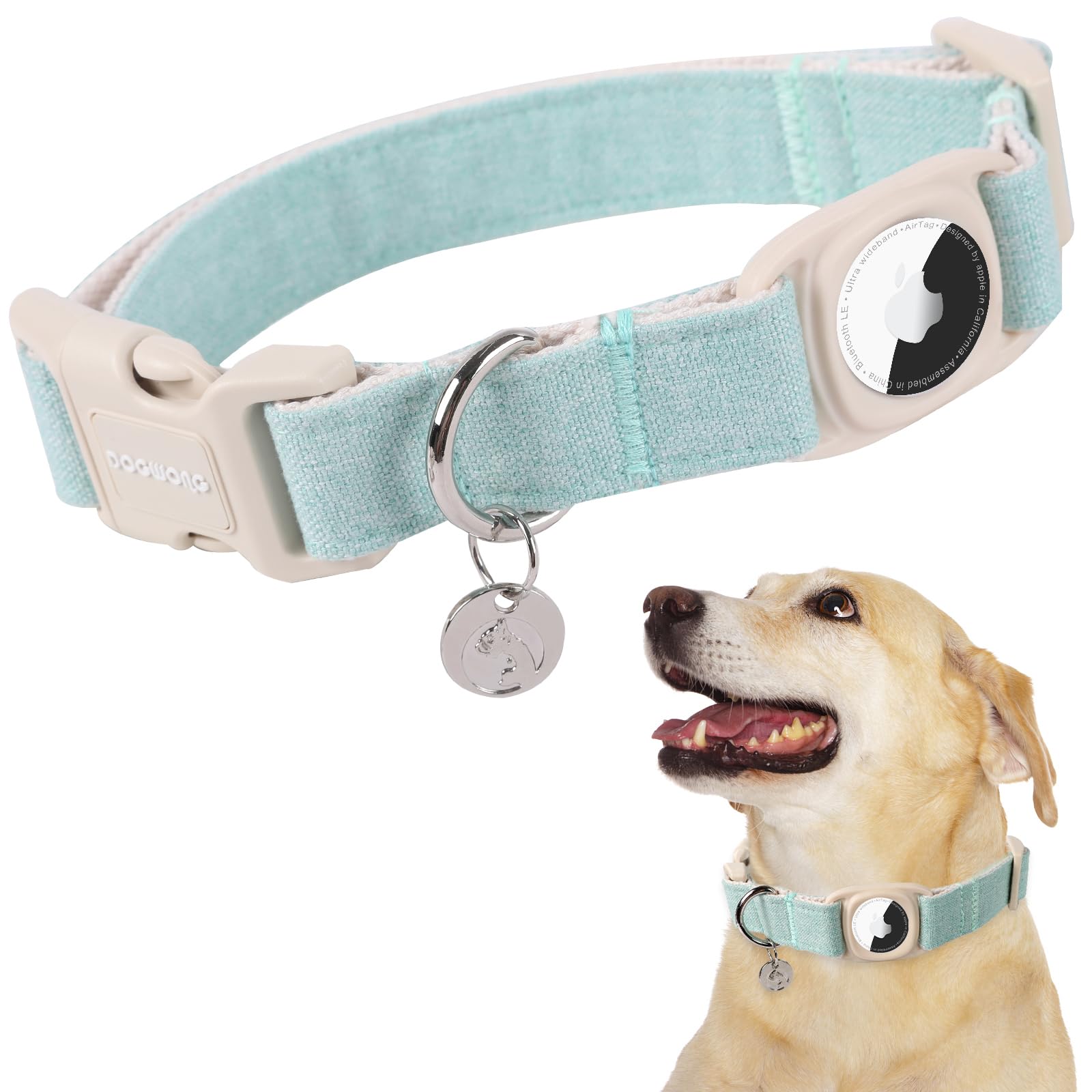 Dogwong Airtag Cotton Hemp Dog Collar, Heavy-Duty Dog Collar With Airtag Holder Green Dog Collar Durable Natural Fabric Pet Dog 