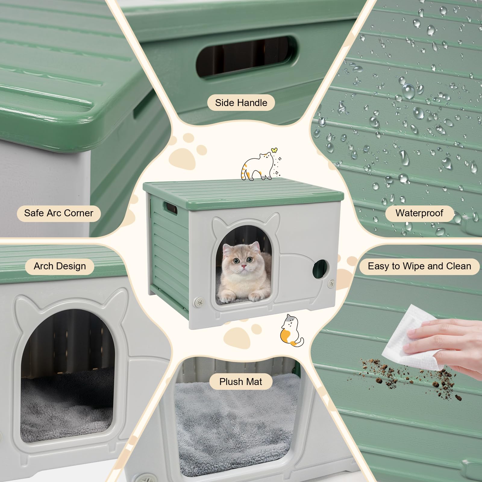 Plastic Cat House For Indoor Outdoor, Weatherproof Outside Cat House For Feral Cat, Stackable Cat Shelter With Plush Cushion (Gr