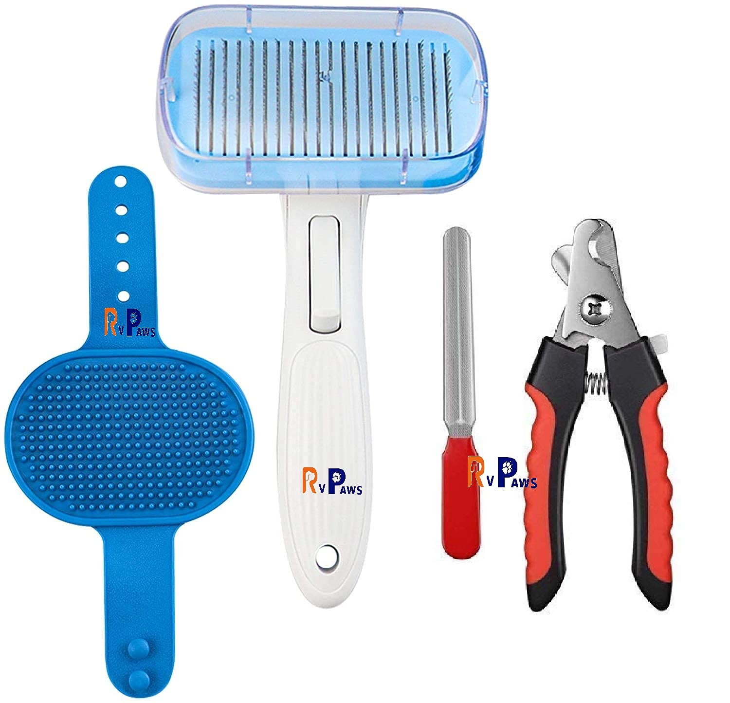 RvPaws pet Grooming Brush Tools for Dogs Self Cleaning Slicker Grooming Brush Nail Clipper Set Silicone Massage Bath Brush for C