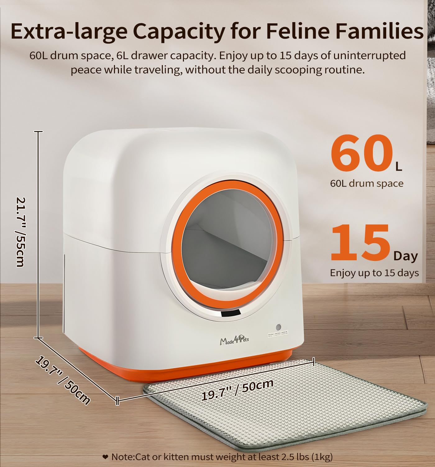 Made4Pets Self-Cleaning Litter Box, Automatic Cat Litter Box With App Control, Odor-Eliminating, 60L Capacity, Anti-Pinch Safety