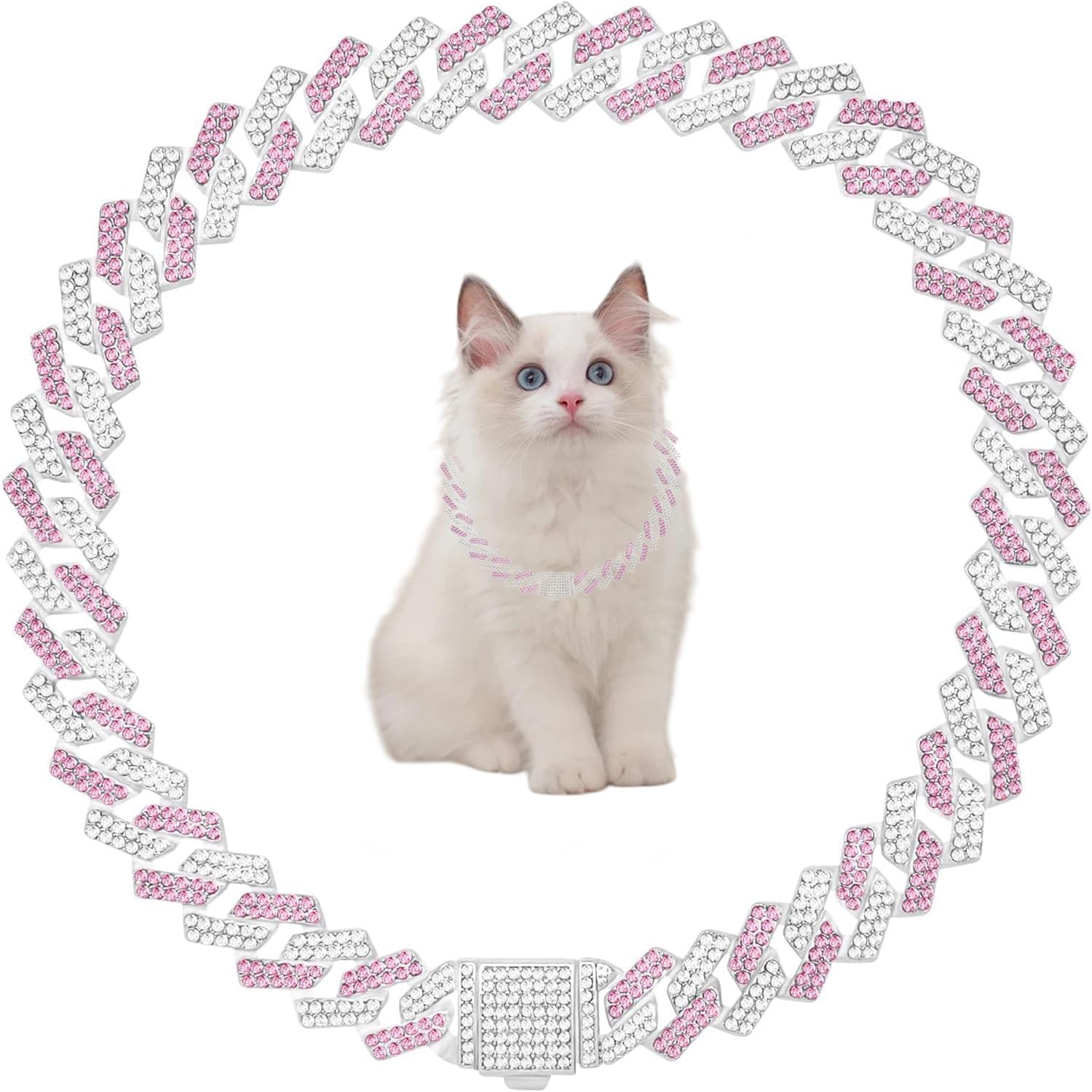 Cat Chain Collar, Diamond Metal Cuban Link Dog Collar,15Mm Wide Bling Sparkly Puppy Necklace For Small Medium Large Pet Dogs Cat