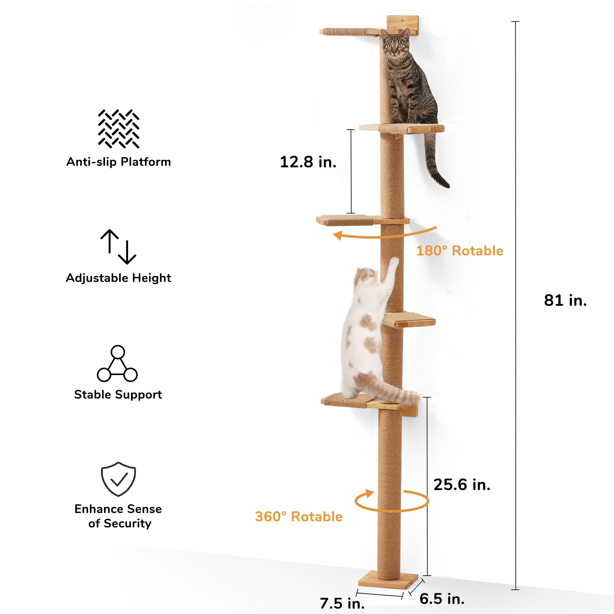 FUKUMARU Tall Cat Tree, 5 Tier Floor to Ceiling Cats Tower, Wall-Mounted Kitten Scratching Post, Wild Simulation Kittens Wall Sh