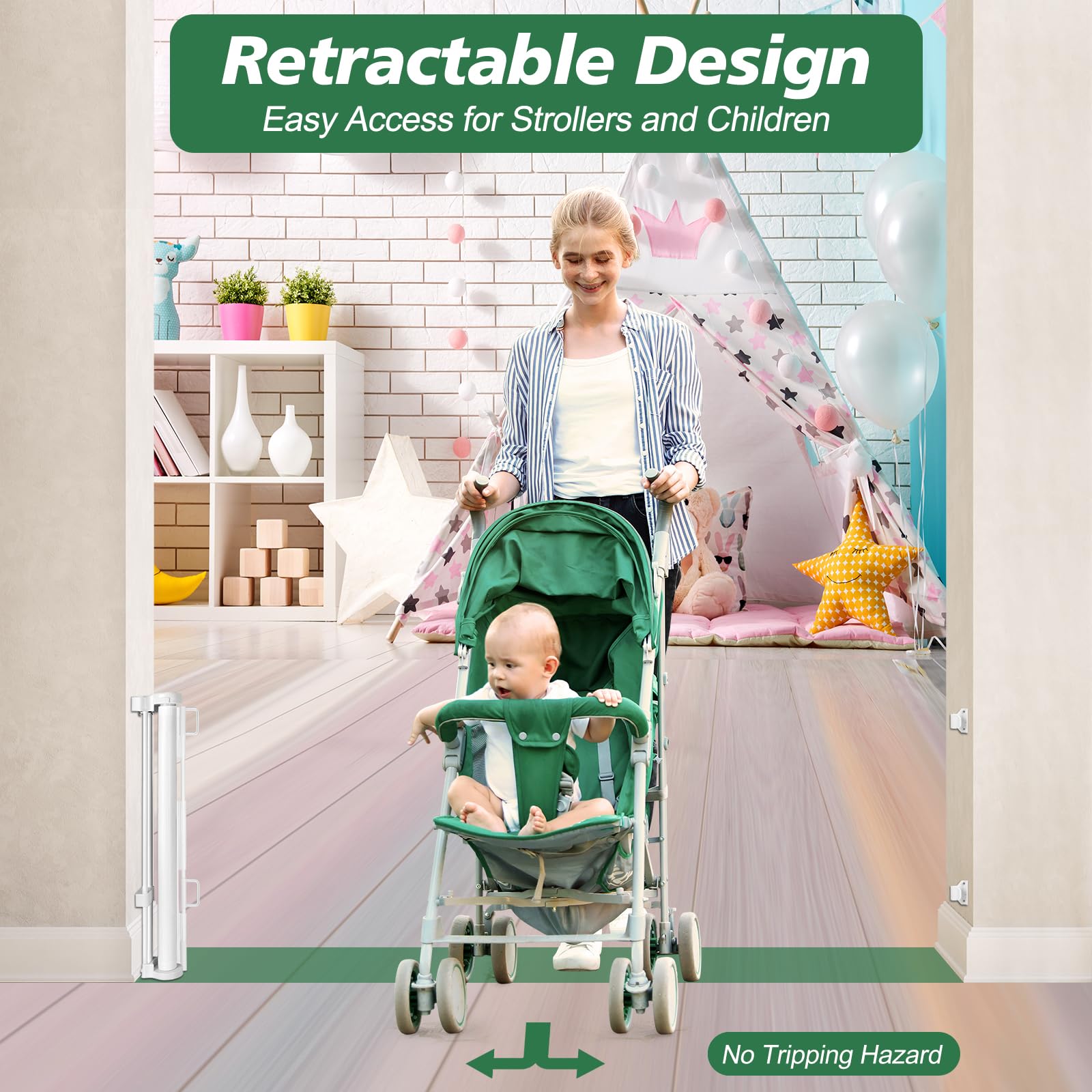 Reinforced 24 Inch Tall Retractable Baby Gates for Dogs, Short Dog Gates to Step Over, Expands 0-55 Inches Wide, Mesh Pet Gate w